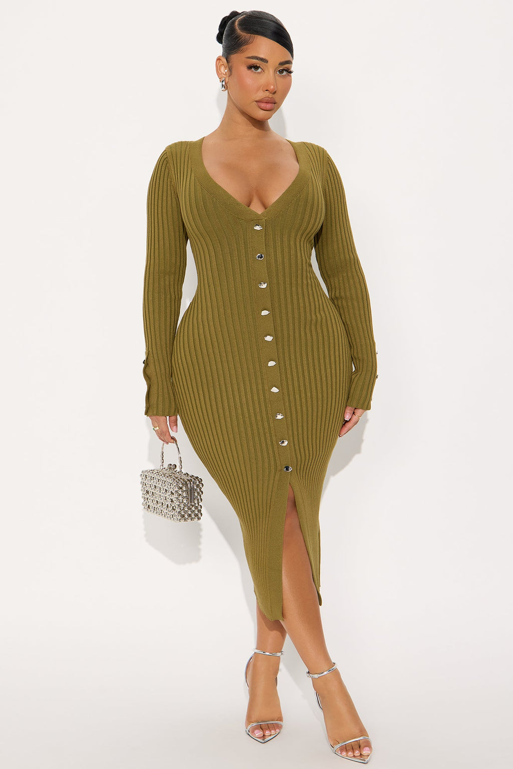 Campelle Long Sleeve Ribbed Midi Dress - Olive