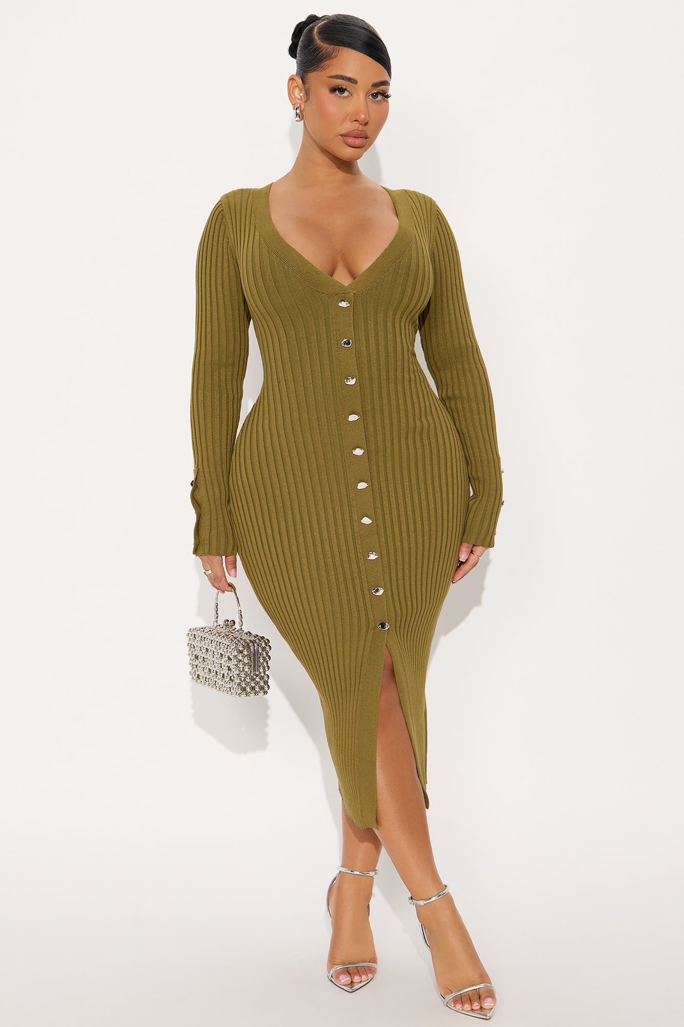 Campelle Long Sleeve Ribbed Midi Dress - Olive