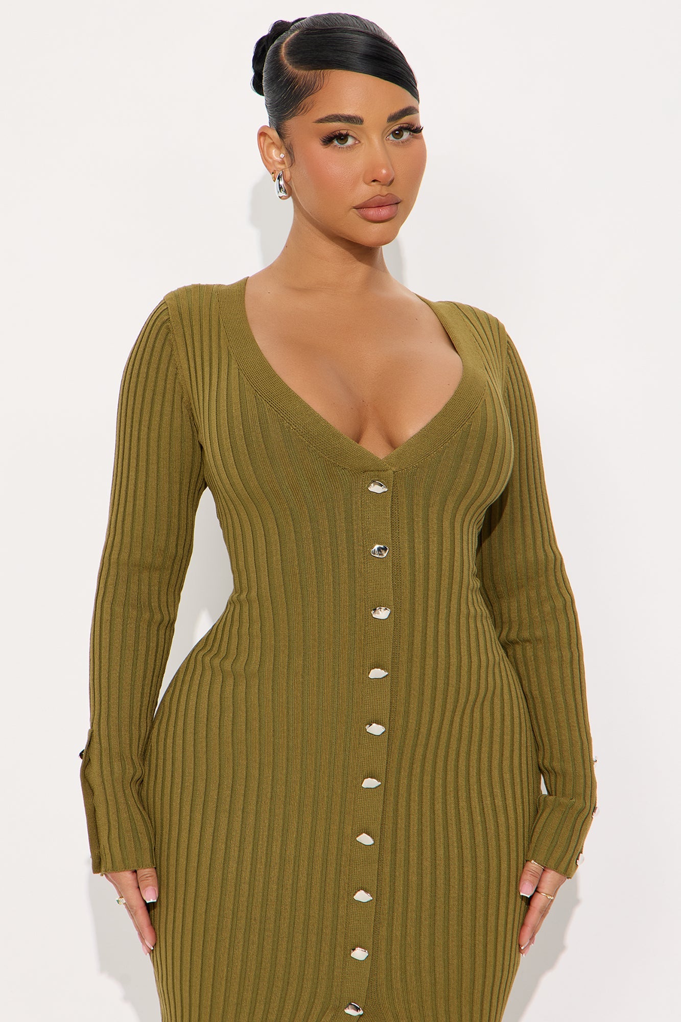 Campelle Long Sleeve Ribbed Midi Dress - Olive
