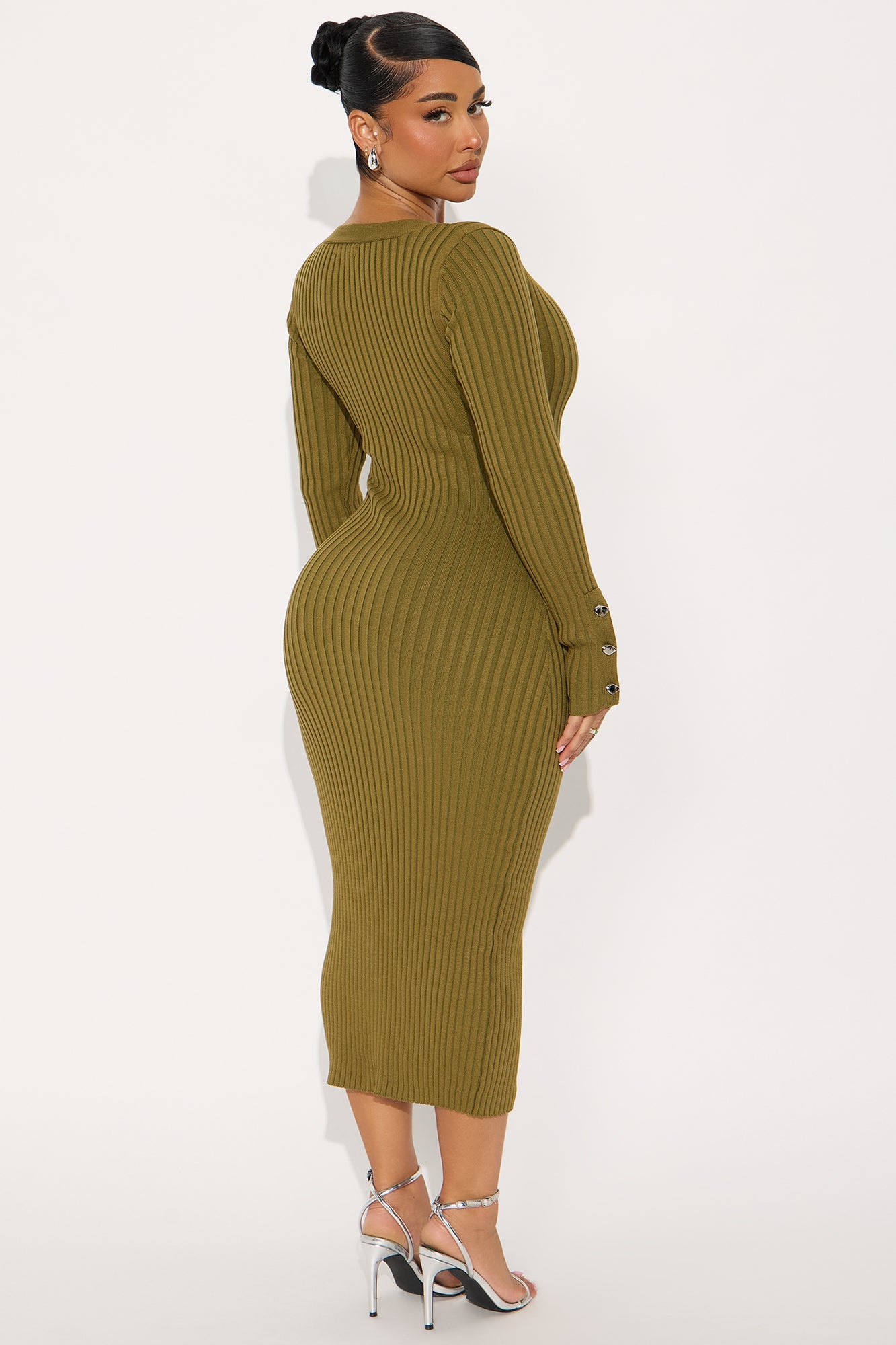 Campelle Long Sleeve Ribbed Midi Dress - Olive
