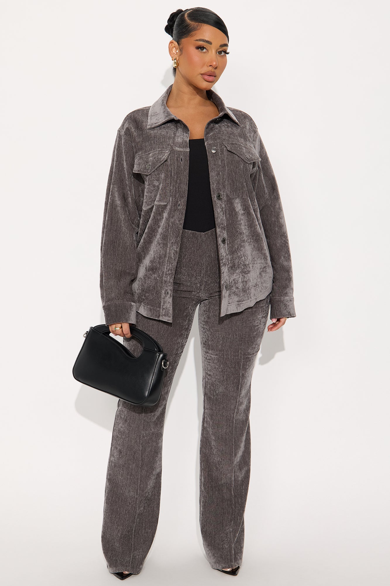 Corrina Velvet Shacket Pant Set - Black 