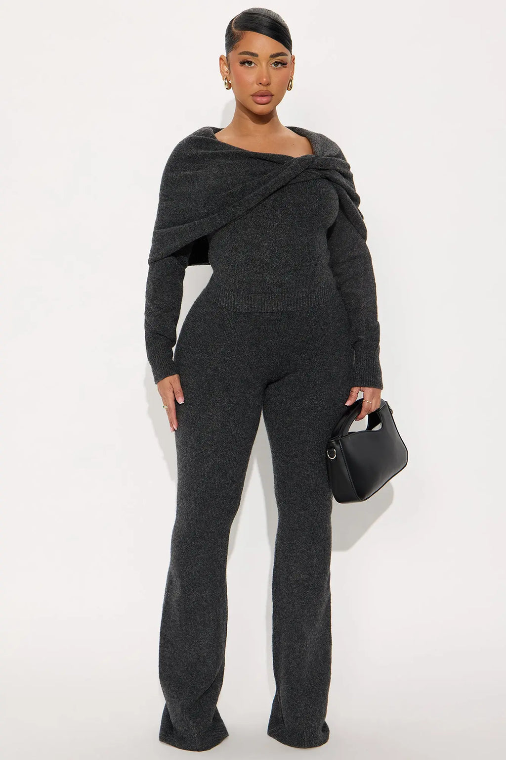 Carolina Off Shoulder Sweater Pant Set - Charcoal 