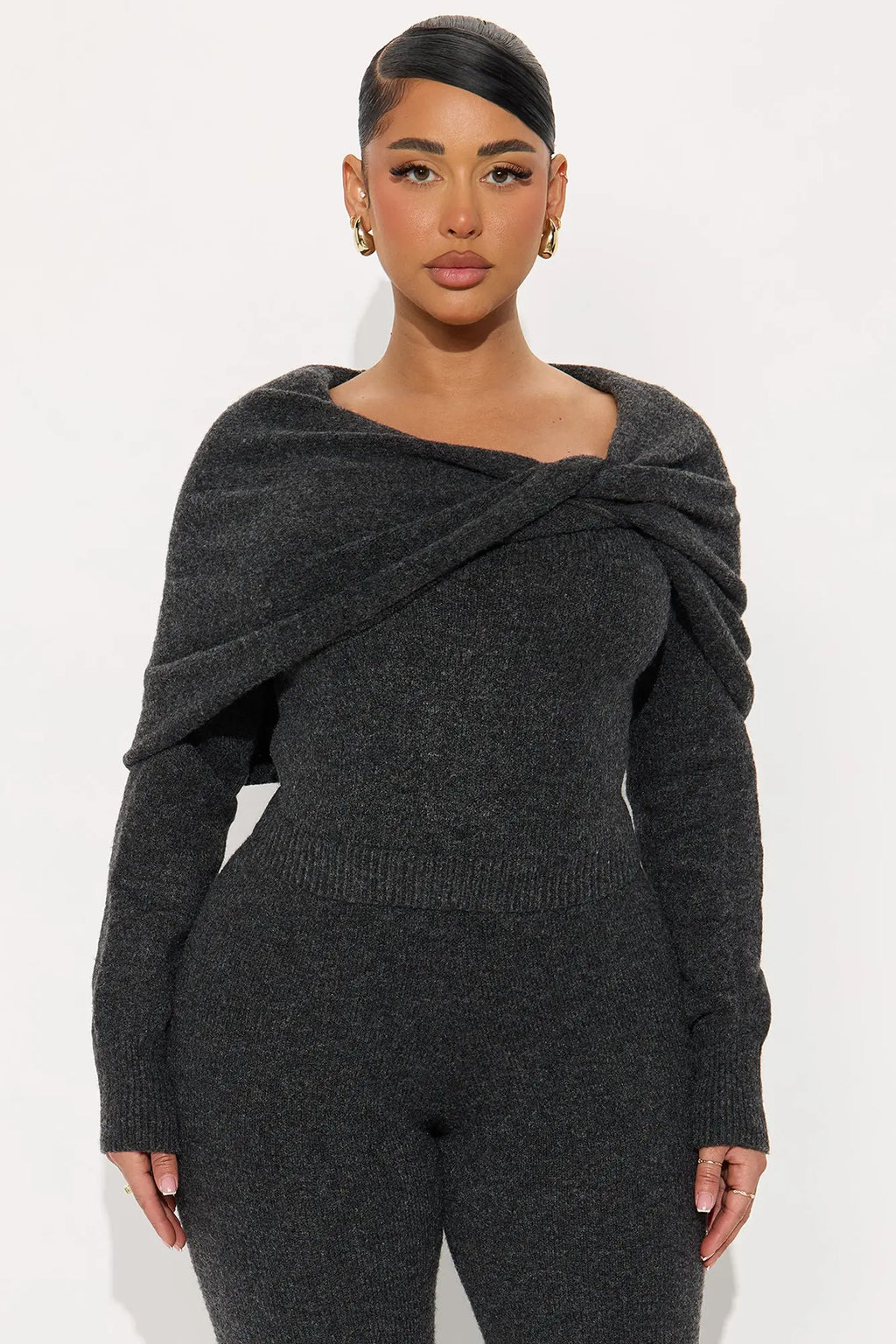 Carolina Off Shoulder Sweater Pant Set - Charcoal 