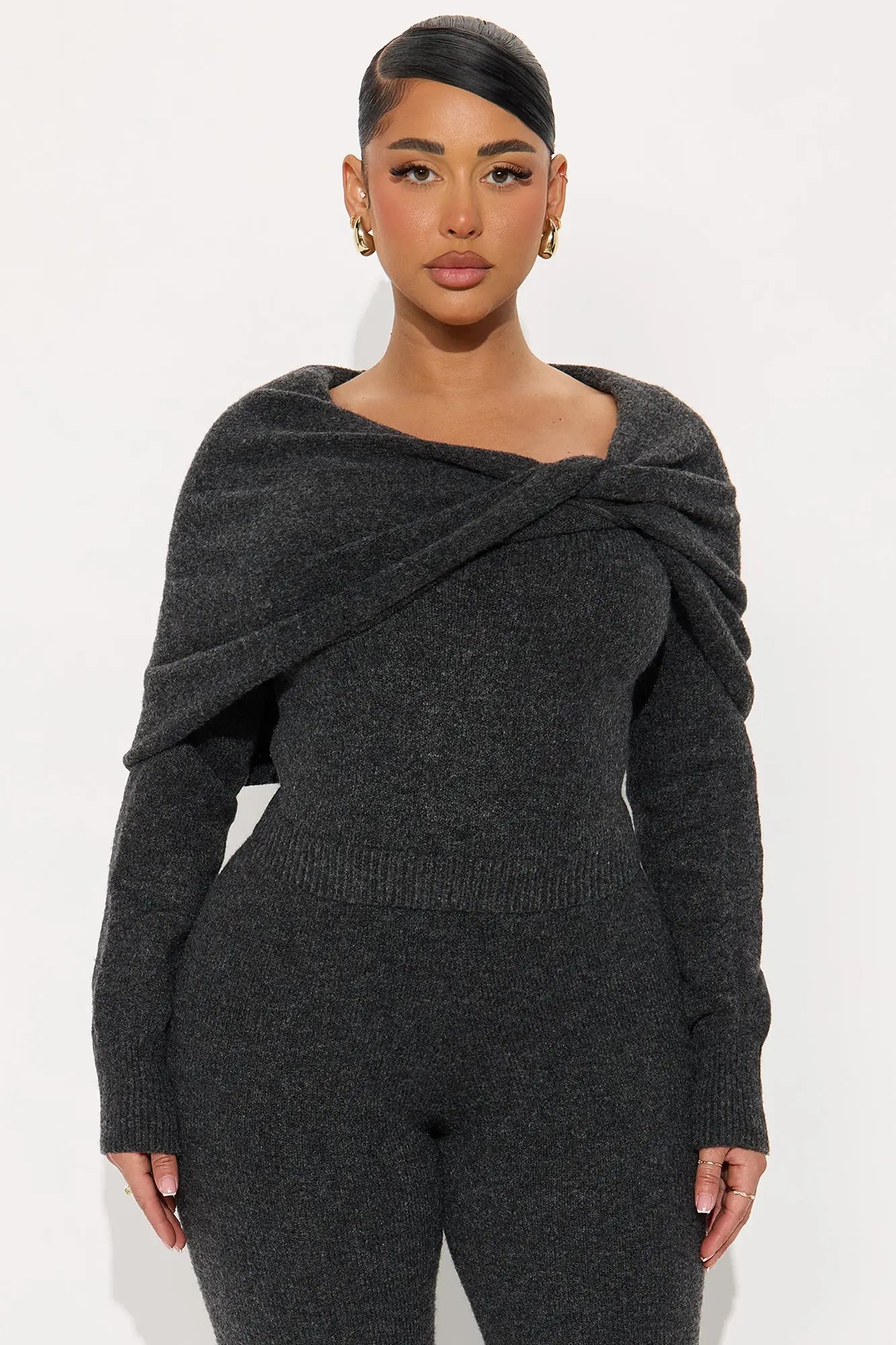 Carolina Off Shoulder Sweater Pant Set - Charcoal 