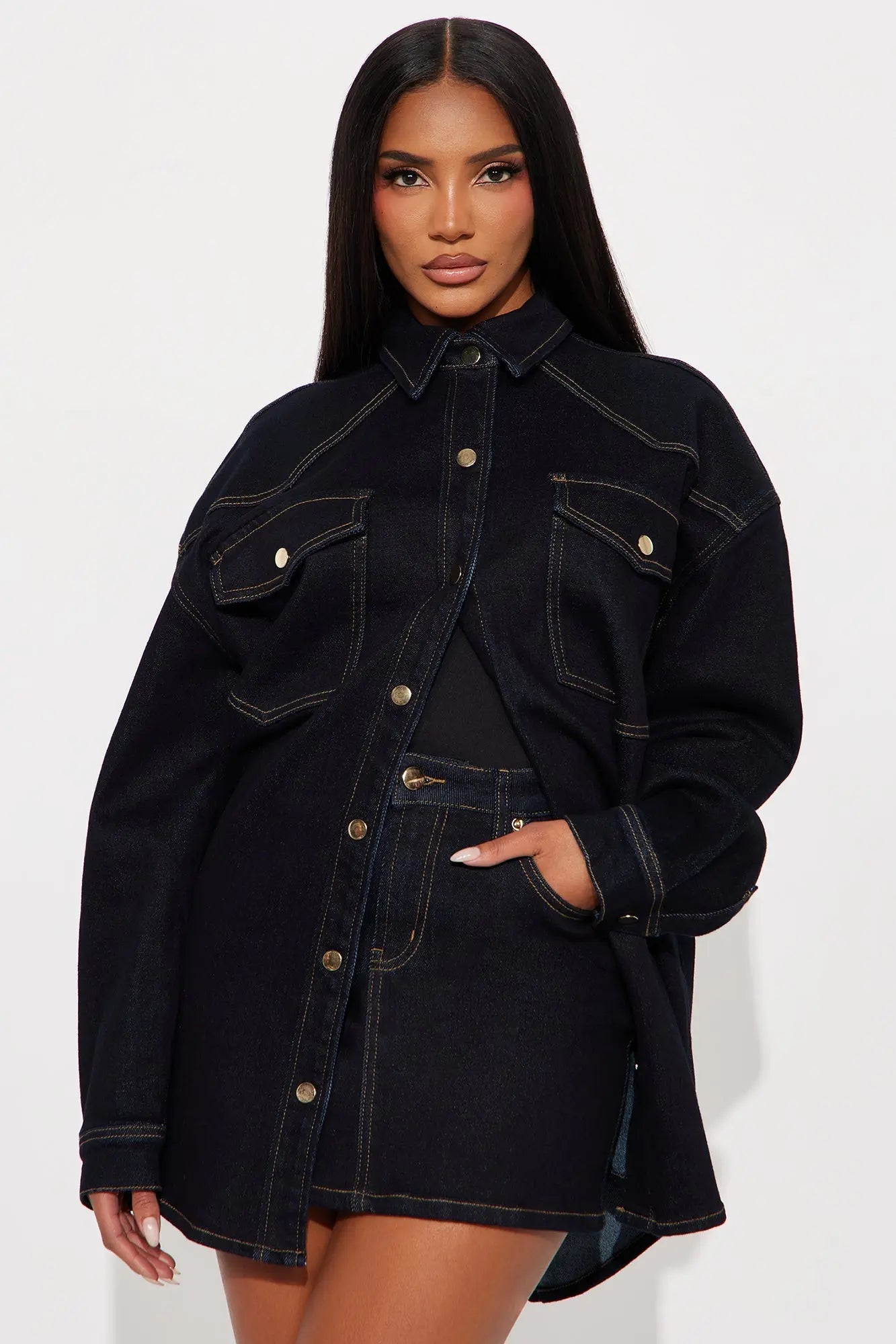 Olivia Oversized Denim Shacket And Mini Skirt Set - Dark Wash 