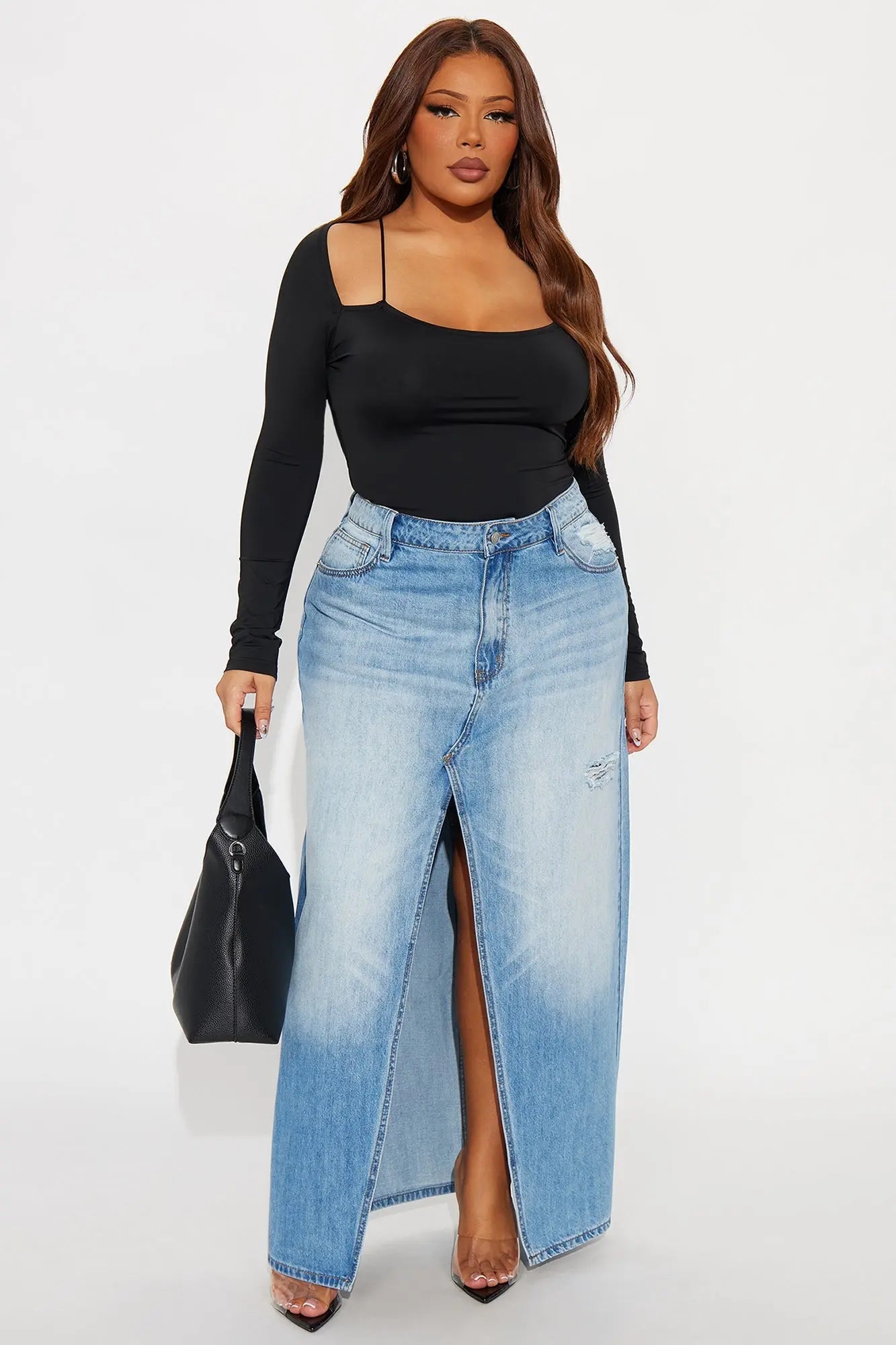 Josie Destructed Washed Denim Maxi Skirt - Medium Wash 