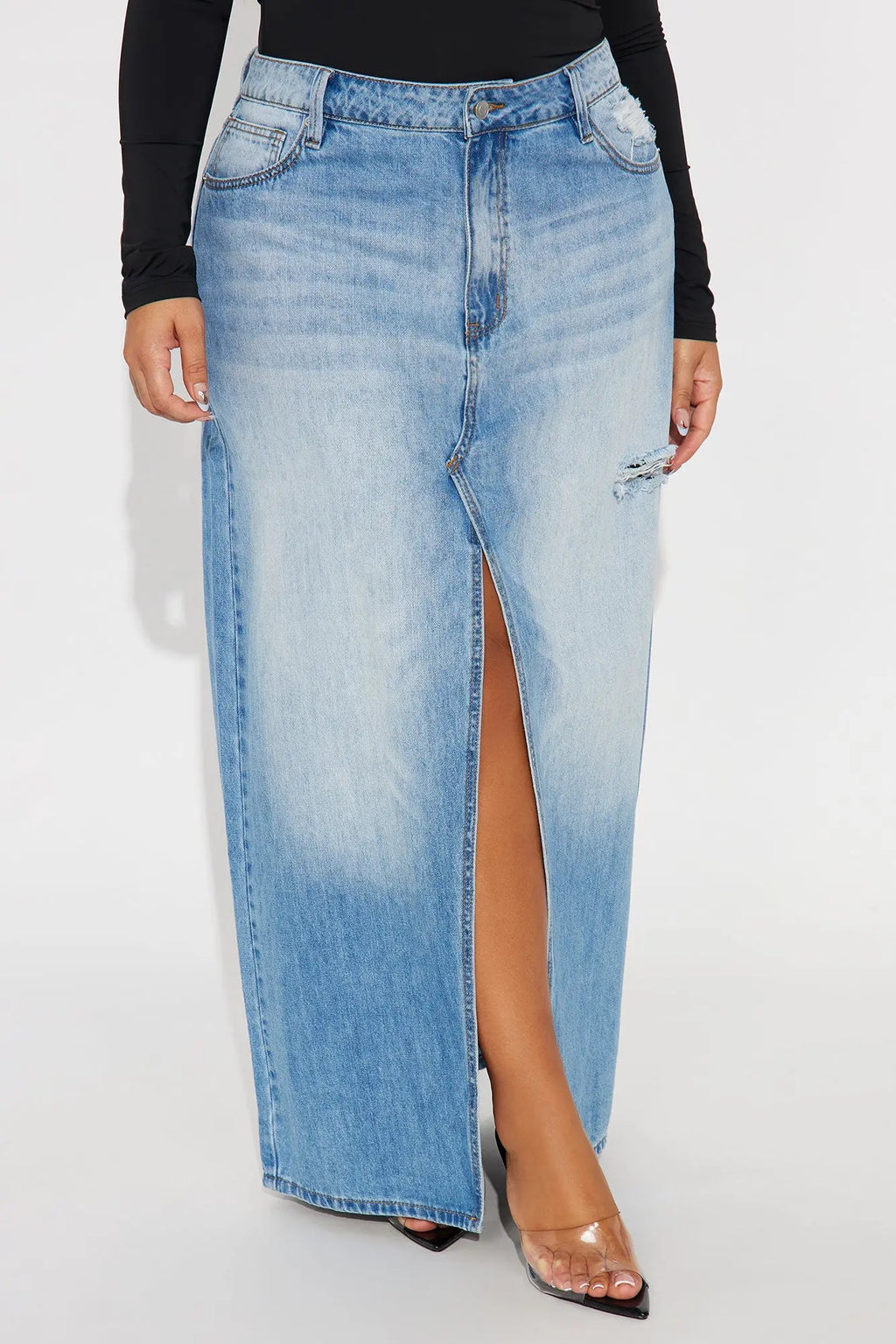Josie Destructed Washed Denim Maxi Skirt - Medium Wash 