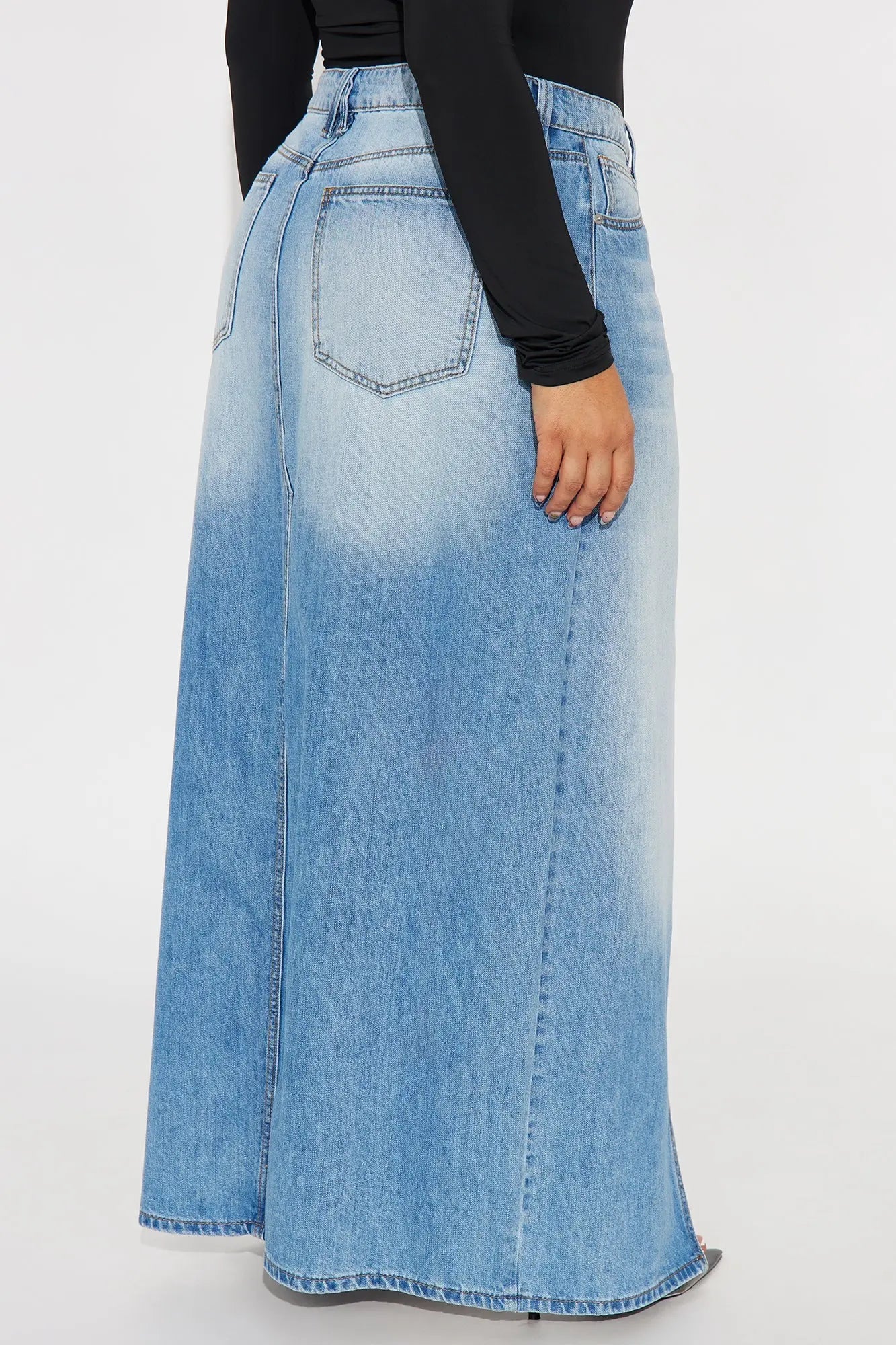 Josie Destructed Washed Denim Maxi Skirt - Medium Wash 