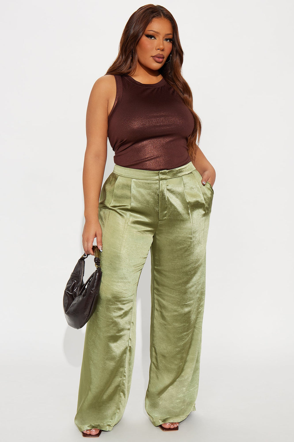 Main Topic Low Rise Wide Leg Satin Pant 33 - Olive 