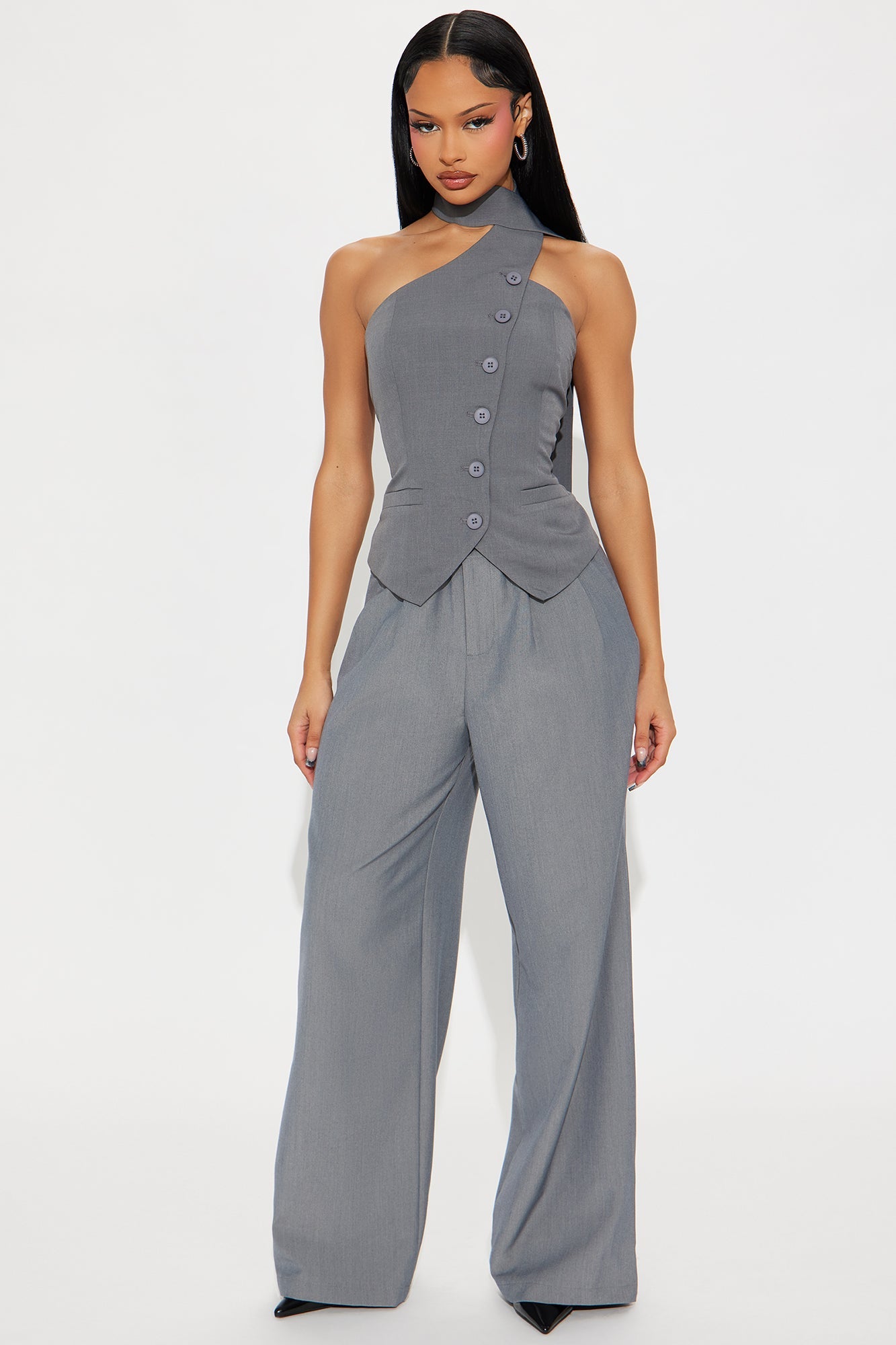 Classy And Corportate Asymmetrical Neck Tie Vest - Grey