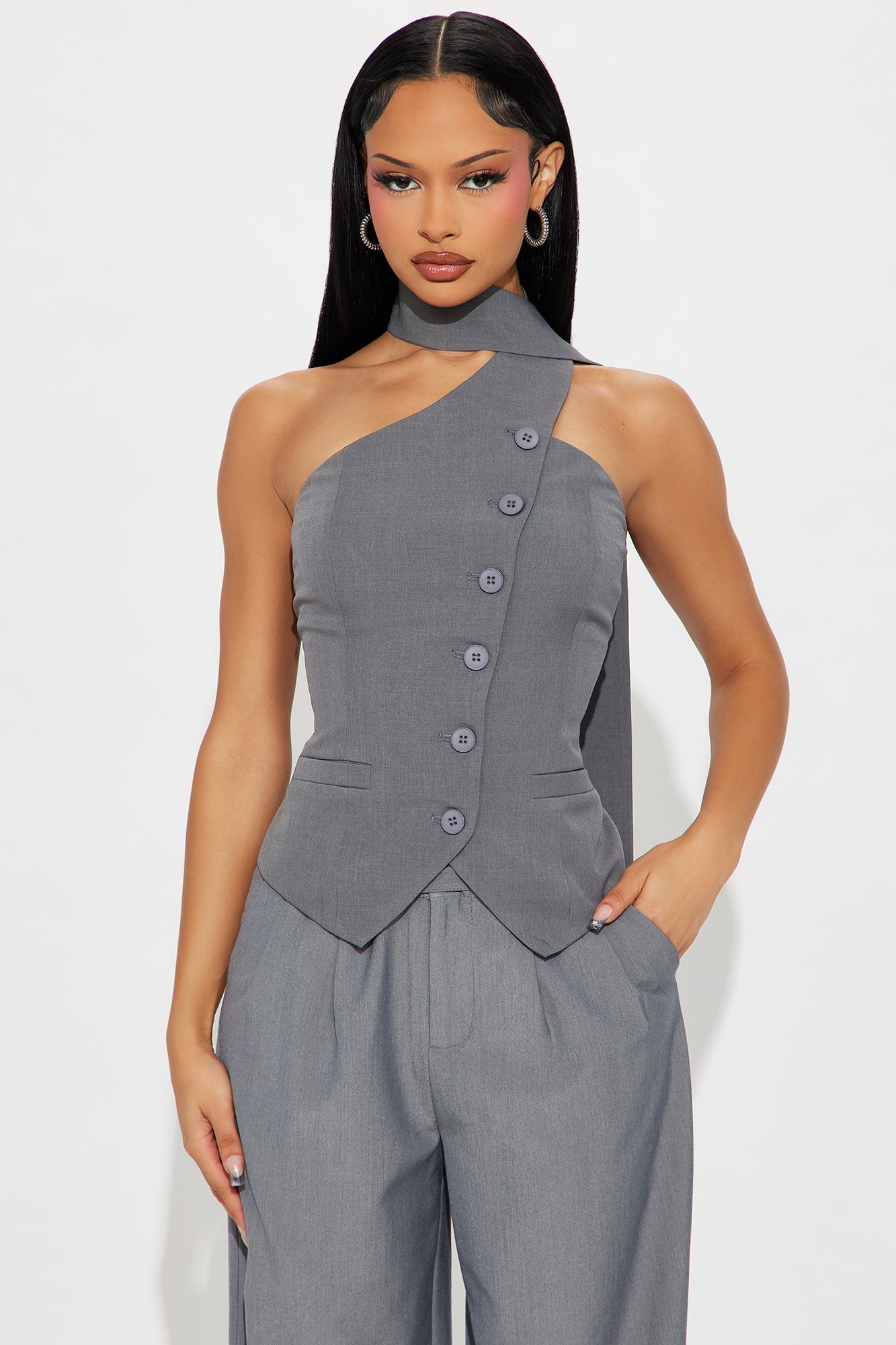 Classy And Corportate Asymmetrical Neck Tie Vest - Grey