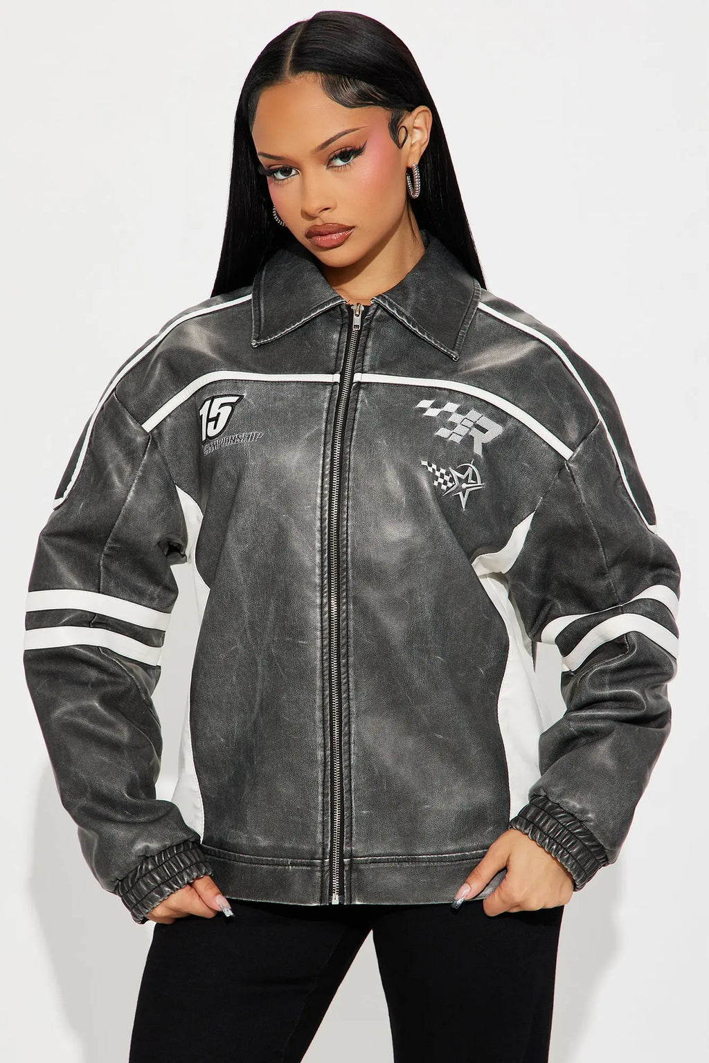 Midnight Drifter Faux Leather Jacket - Charcoal/combo 