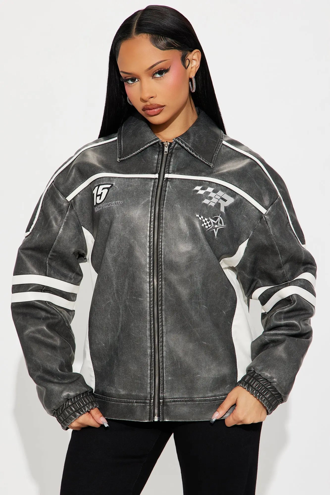 Midnight Drifter Faux Leather Jacket - Charcoal/combo 