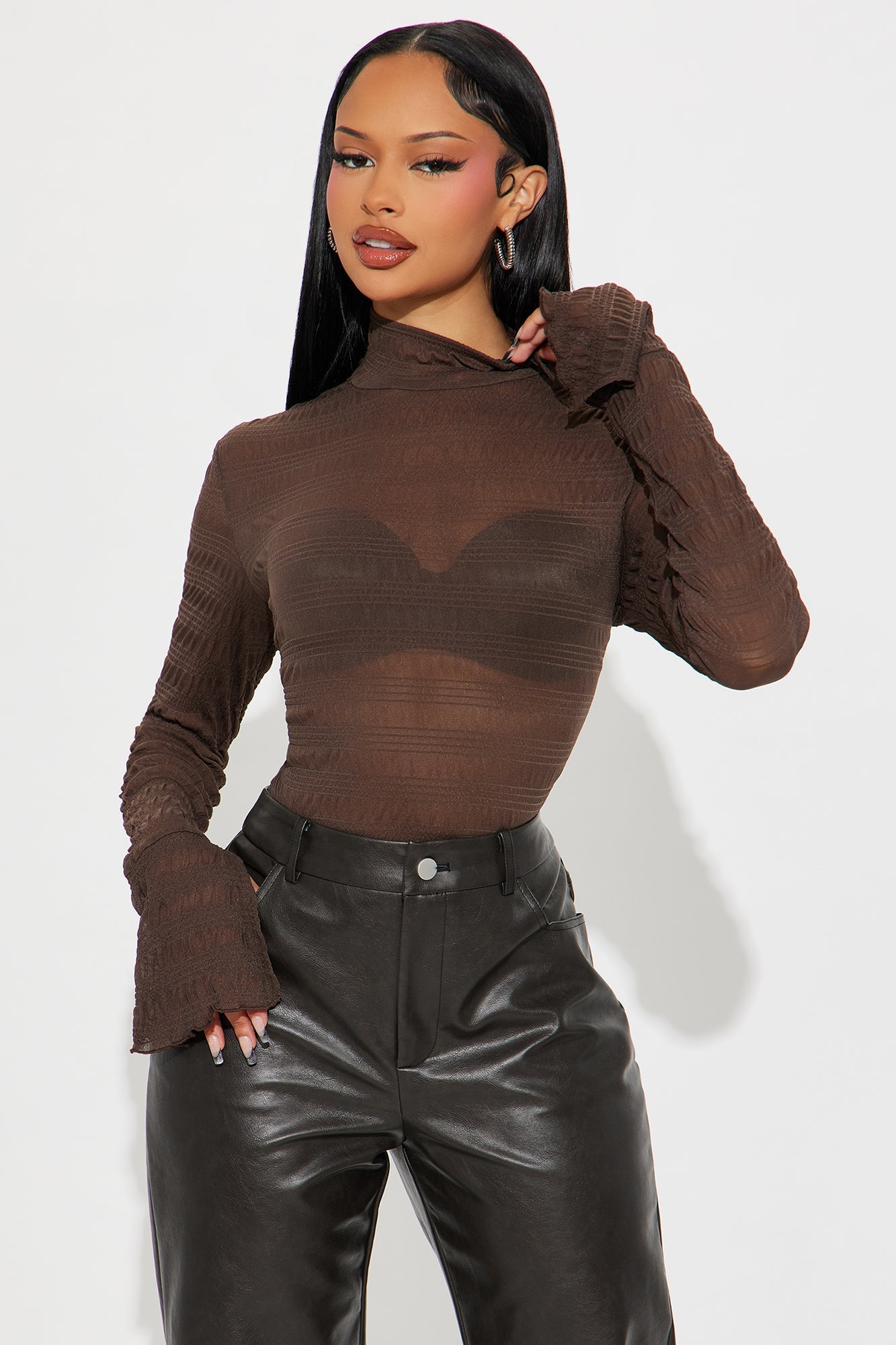 Karis Long Sleeve Turtle Neck Top - Brown