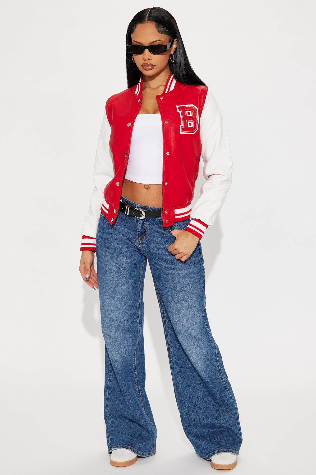 In The Game Faux Leather Varsity Bomber Jacket - Red/White