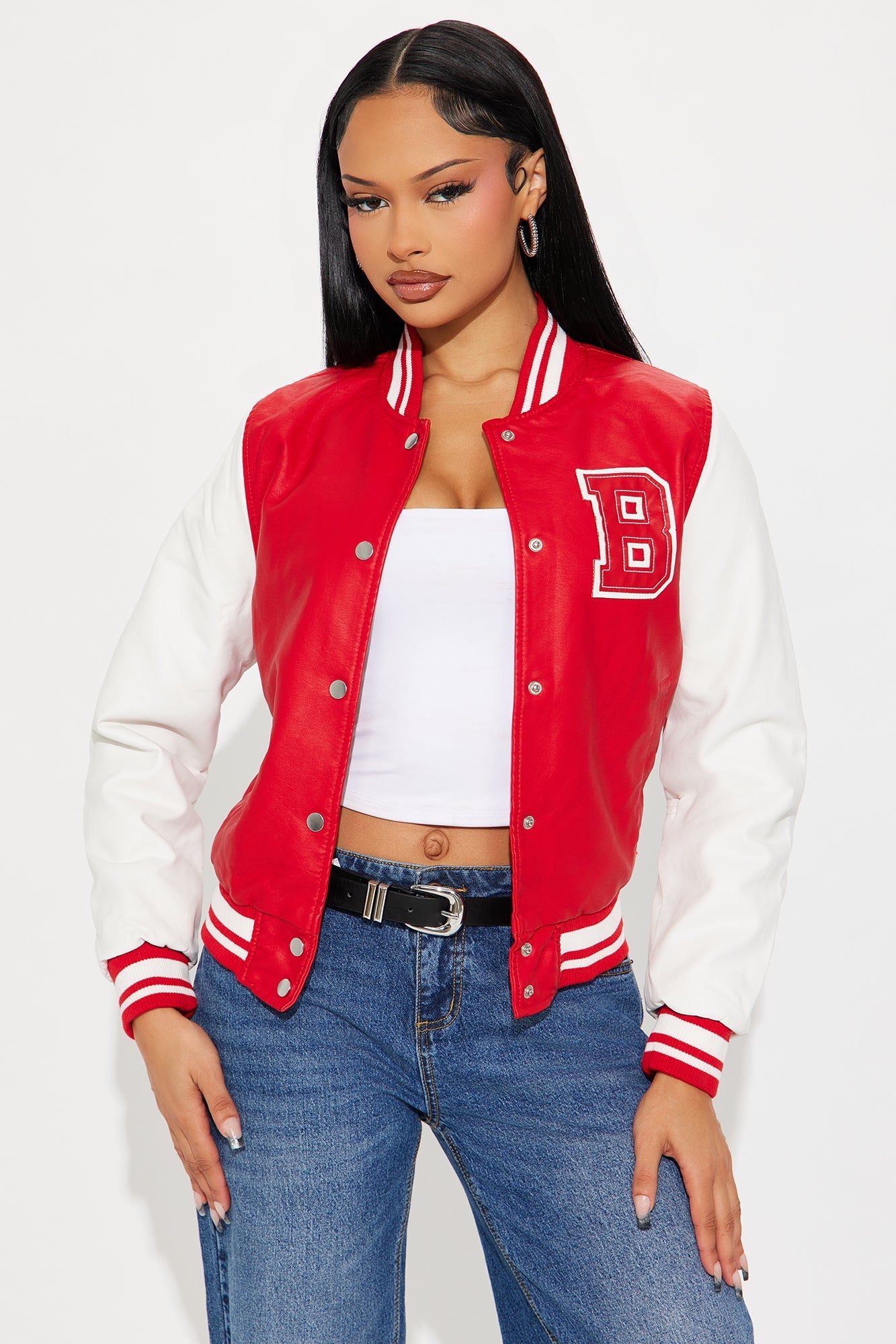 In The Game Faux Leather Varsity Bomber Jacket - Red/White