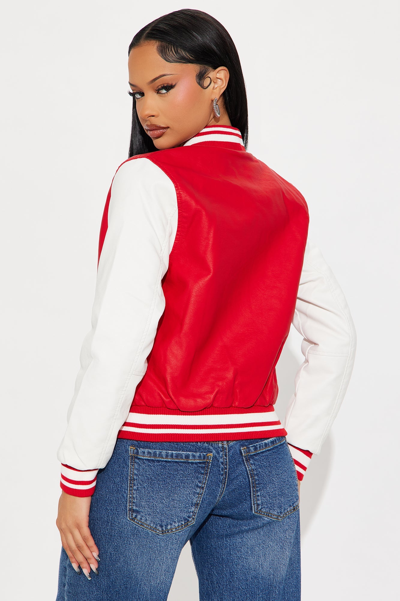 In The Game Faux Leather Varsity Bomber Jacket - Red/White
