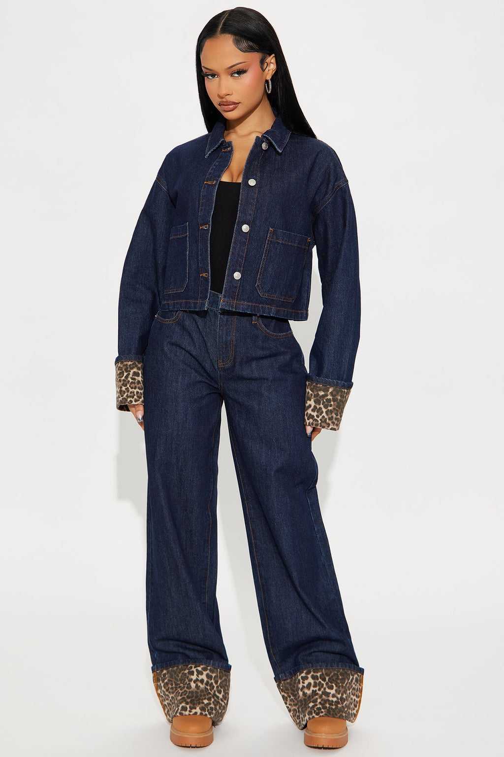 Wild Edges Leopard Denim Pant Set - Dark Wash