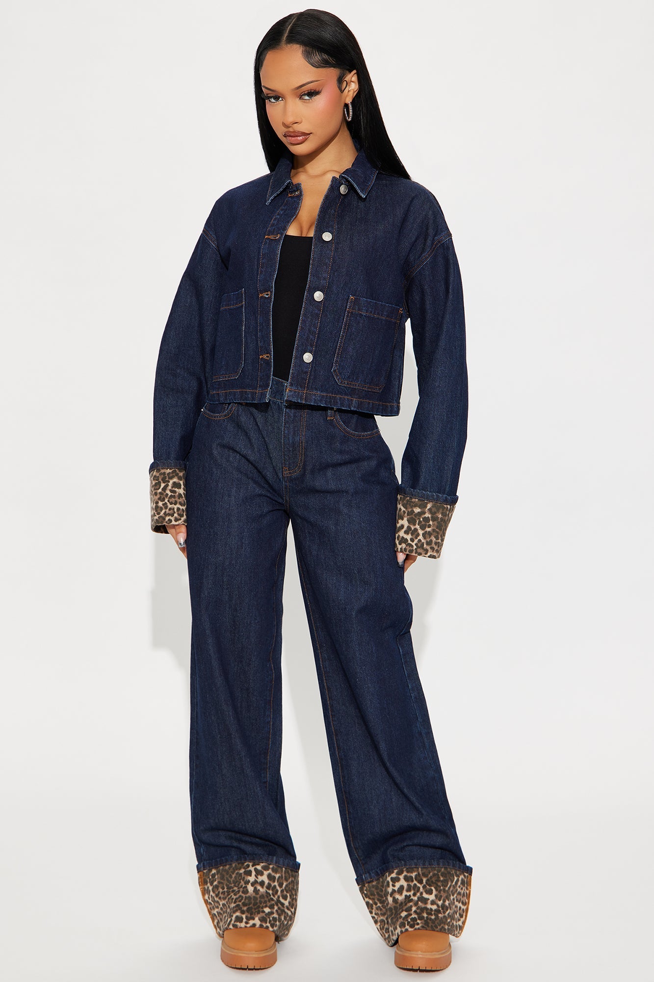 Wild Edges Leopard Denim Pant Set - Dark Wash