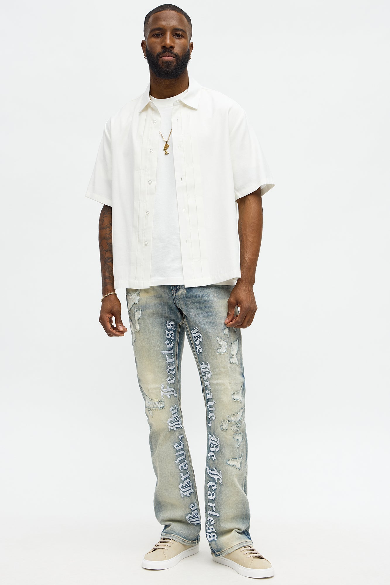 Stacked Skinny Flare Be Brave Be Fearless Embridered Jean - Vintage Blue Wash