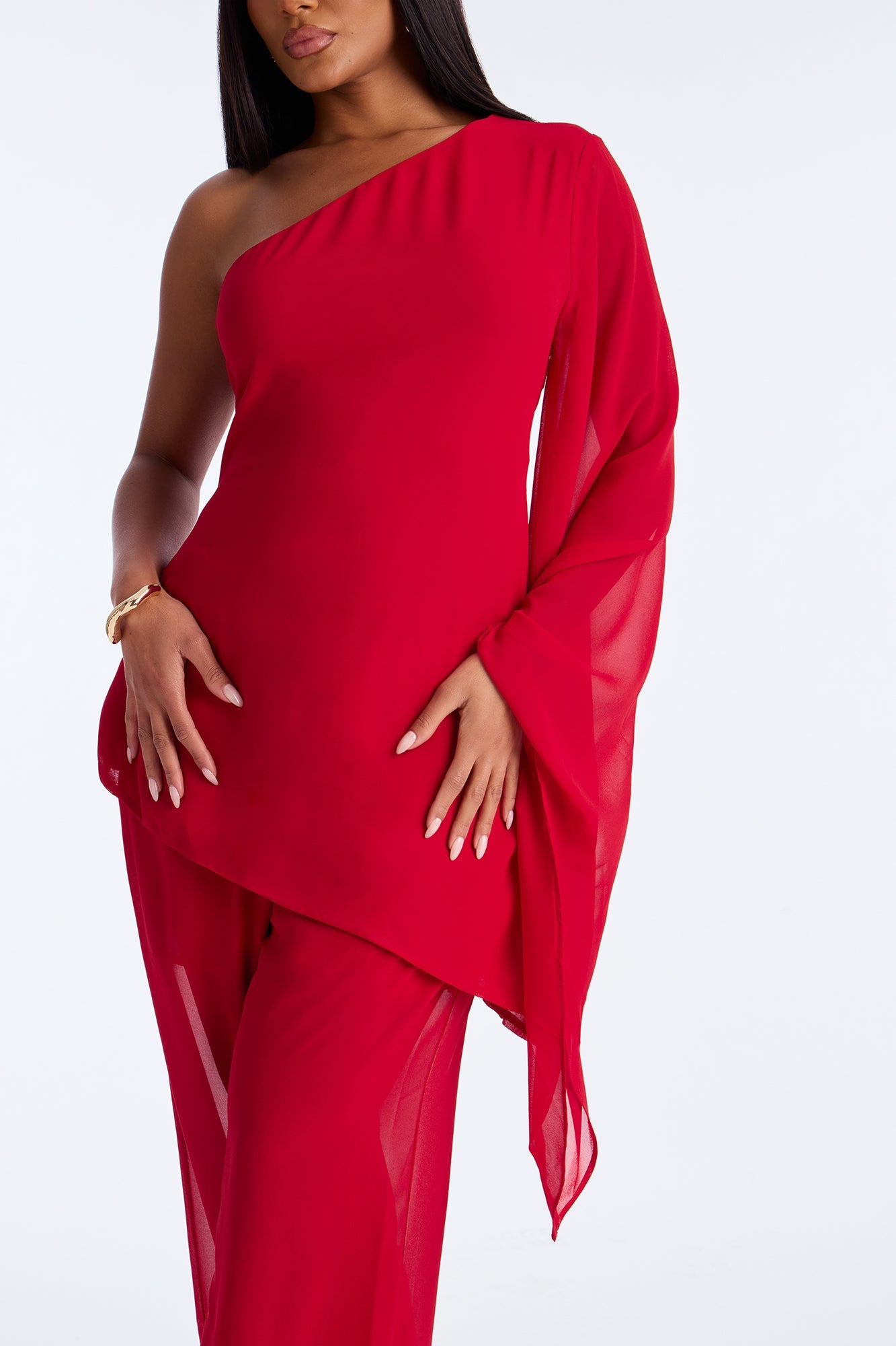 No Hard Feelings One Shoulder Chiffon Pant Set - Red 