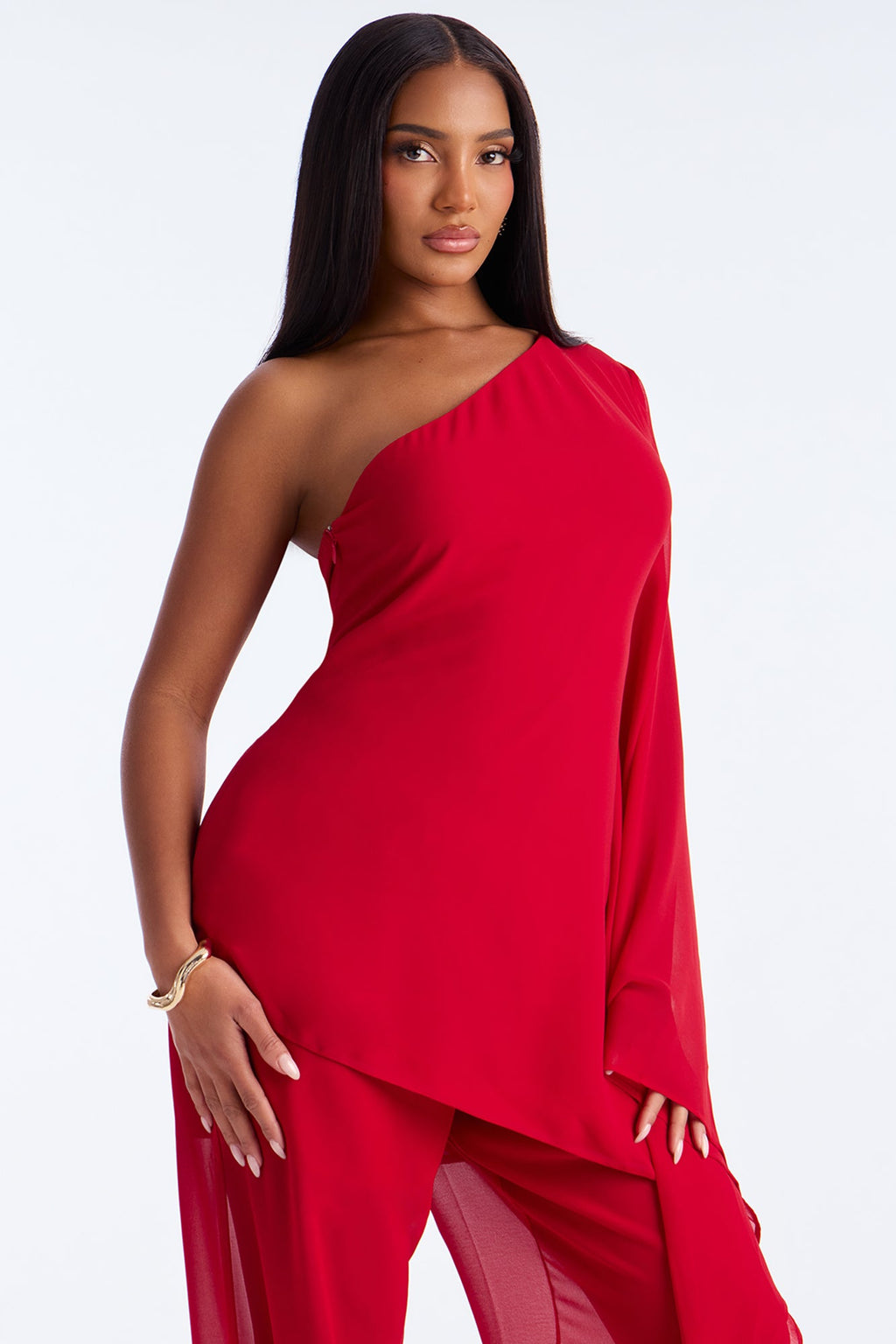 No Hard Feelings One Shoulder Chiffon Pant Set - Red 