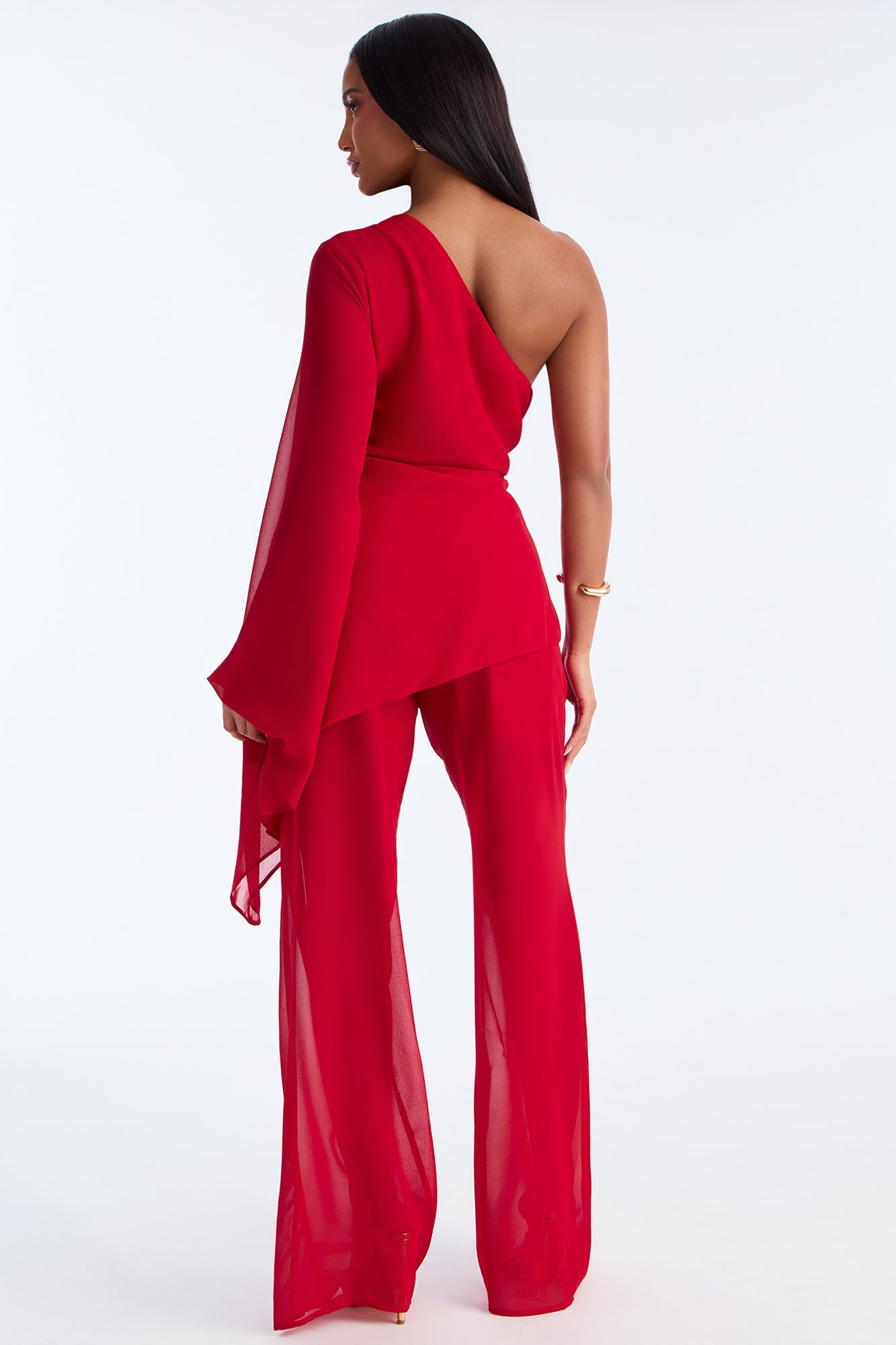 No Hard Feelings One Shoulder Chiffon Pant Set - Red 