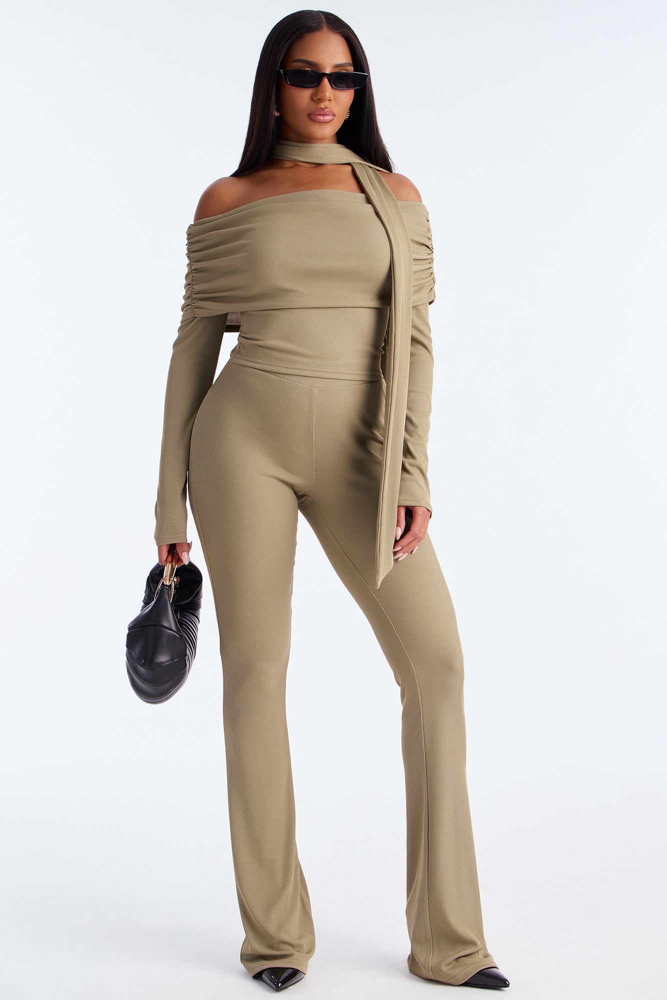 Ella Scarf Off Shoulder 3 Piece Pant Set - Sage