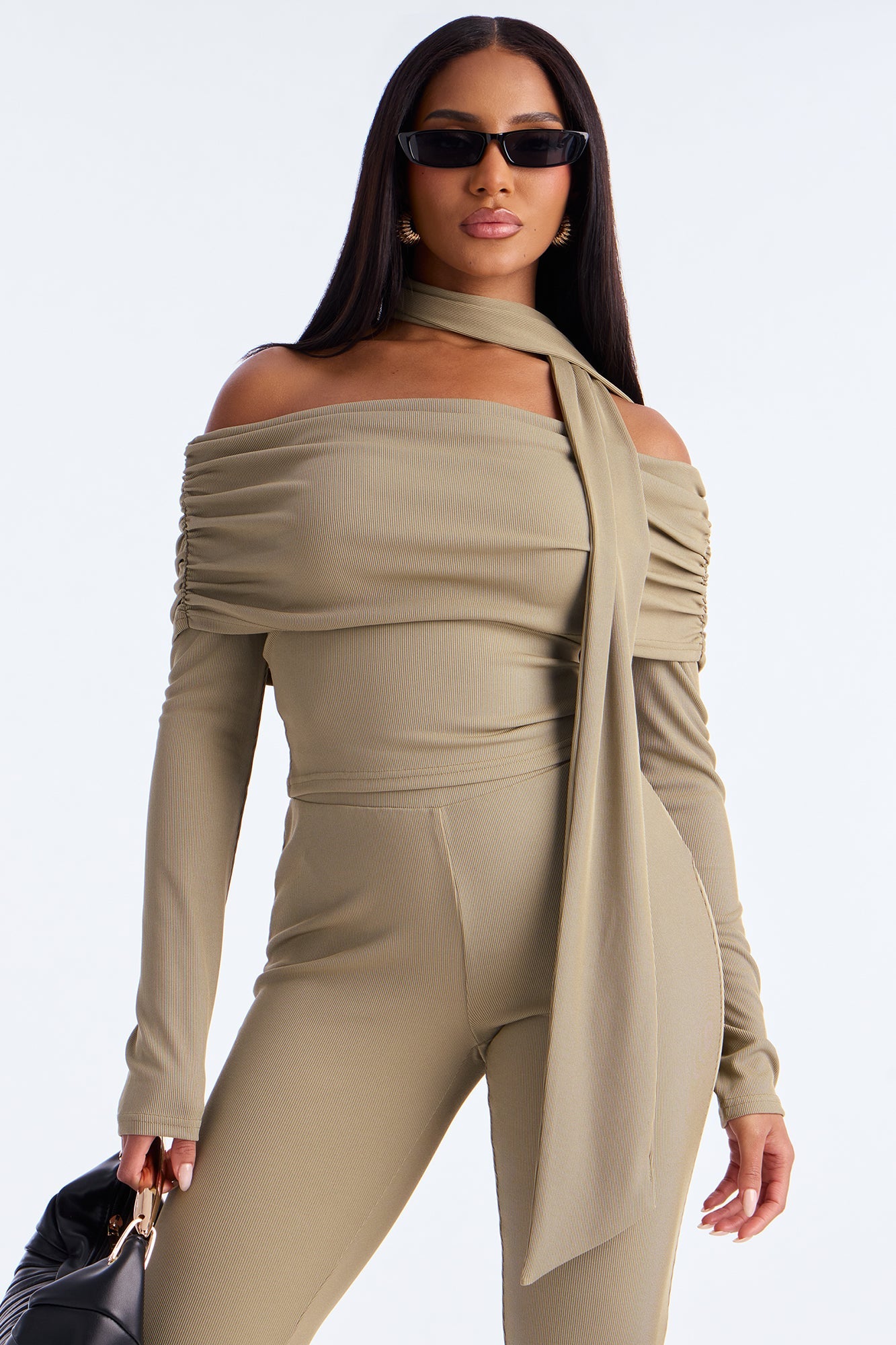 Ella Scarf Off Shoulder 3 Piece Pant Set - Sage