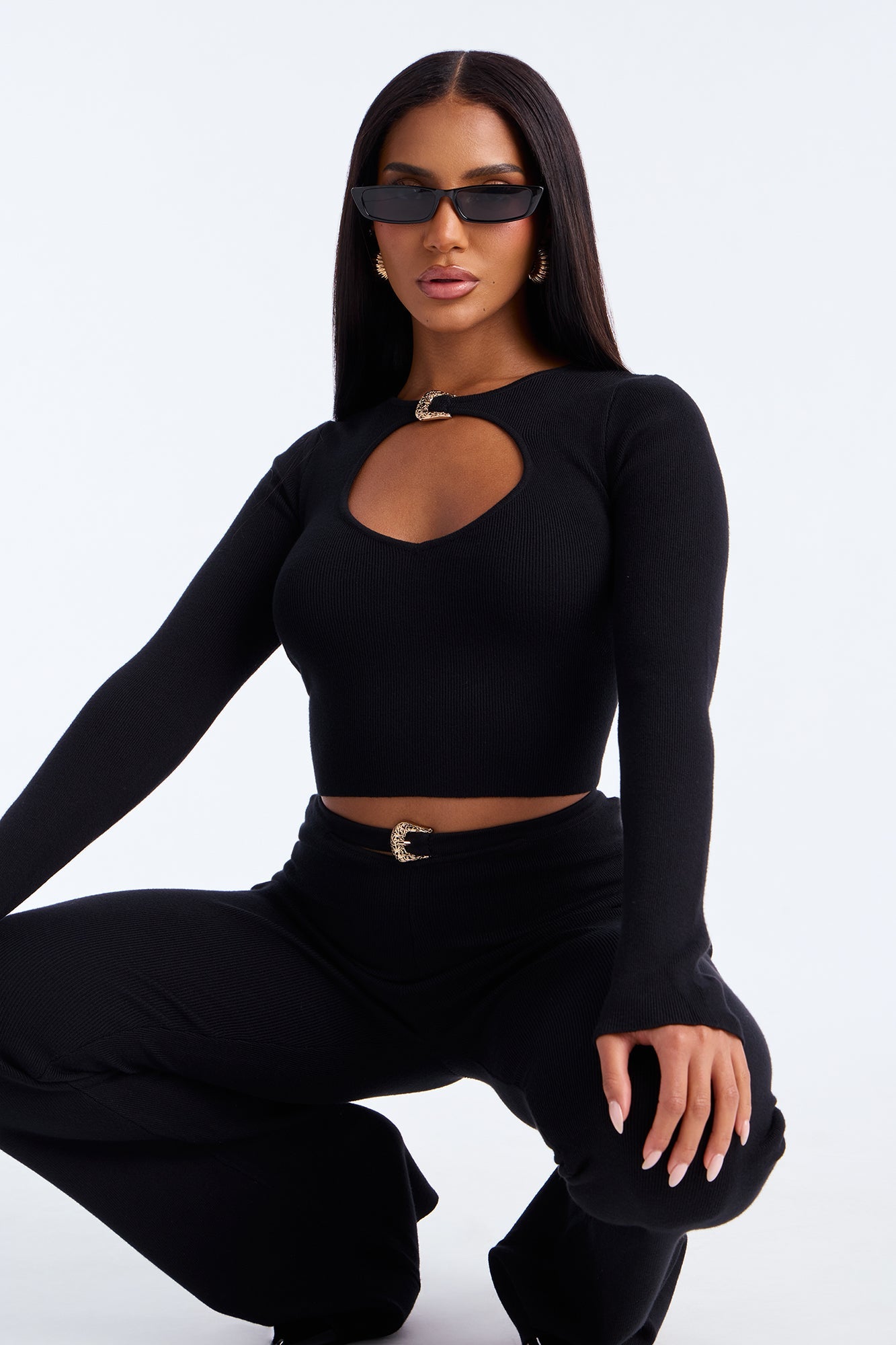 Brielle Buckled Sweater Pant Set - Black