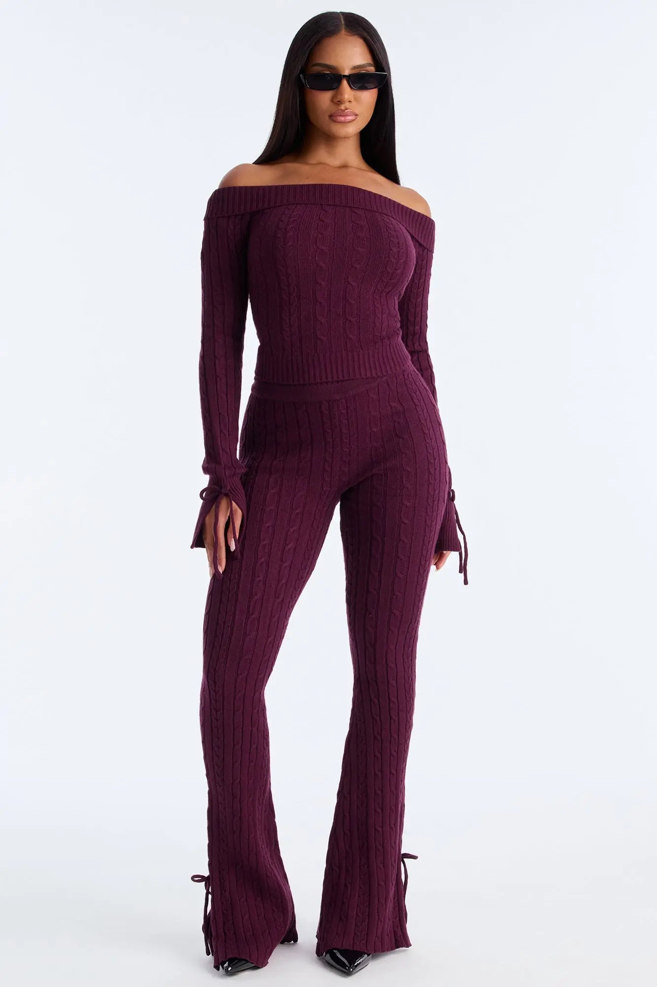 Rowyn Off Shoulder Sweater Flare Pant Set - Eggplant 