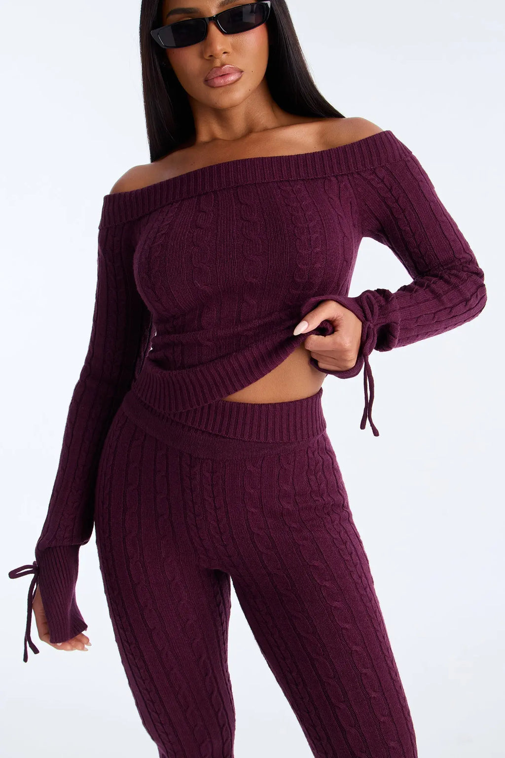 Rowyn Off Shoulder Sweater Flare Pant Set - Eggplant 