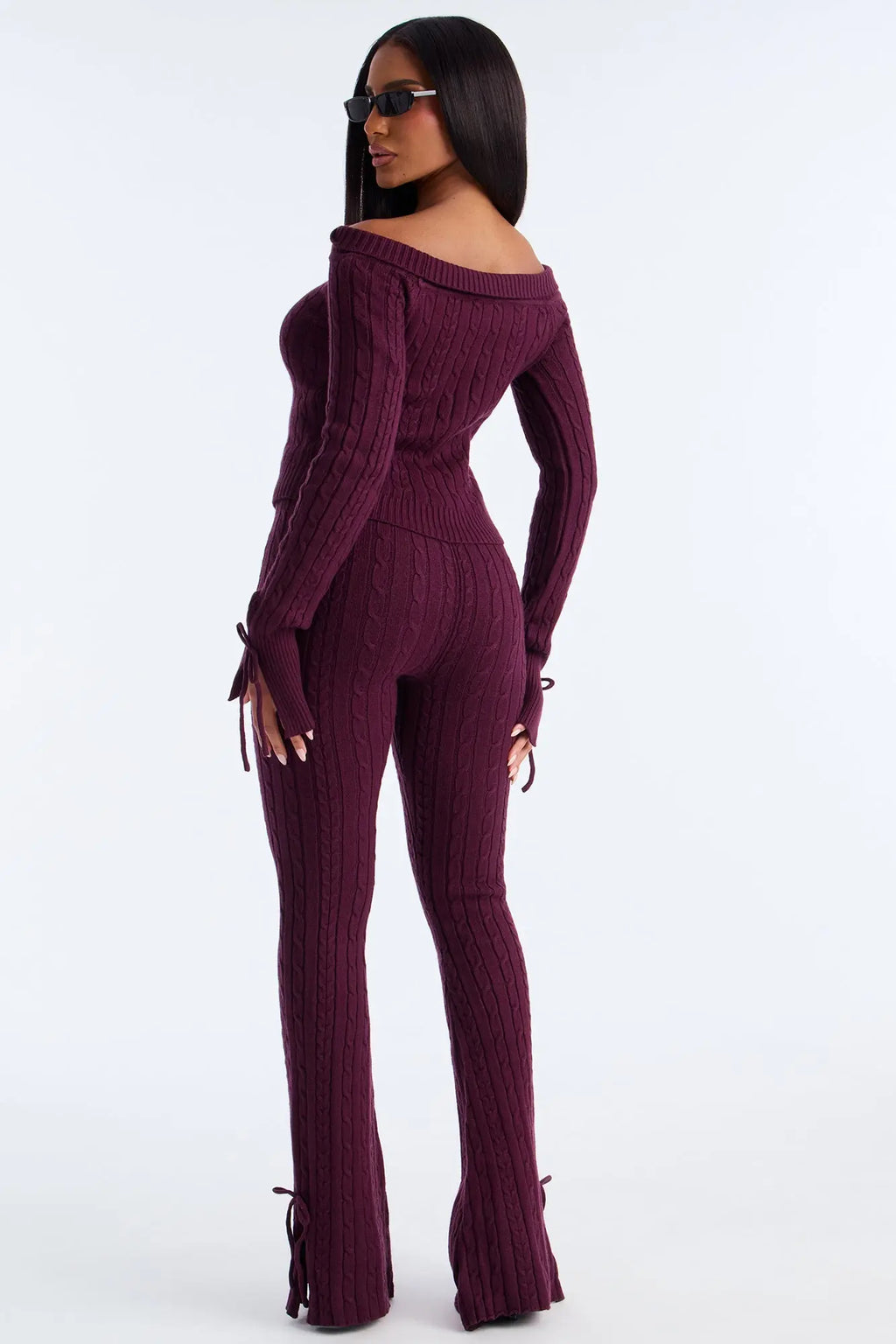 Rowyn Off Shoulder Sweater Flare Pant Set - Eggplant 