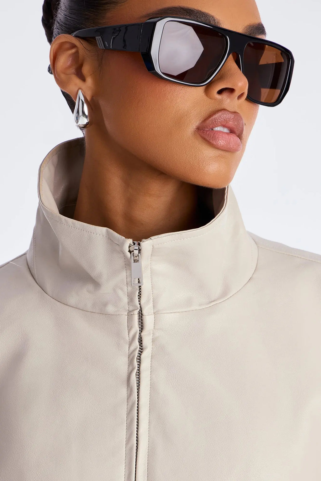 Skyline Belted Faux Leather Moto Jacket - Stone 