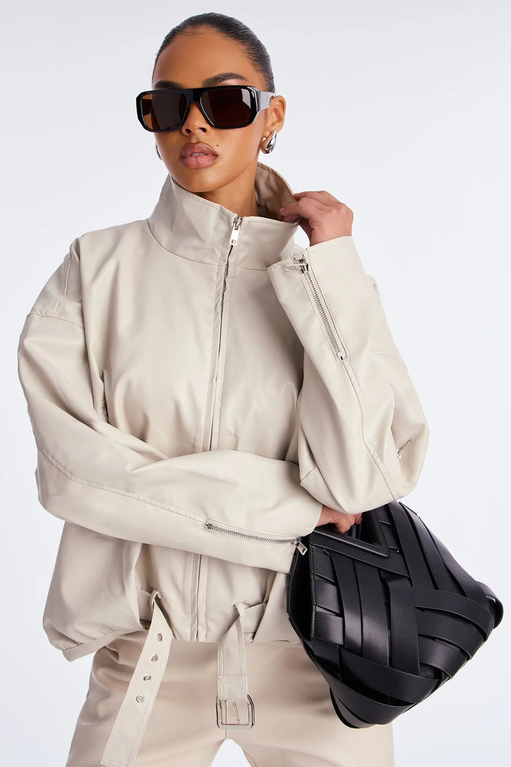 Skyline Belted Faux Leather Moto Jacket - Stone 