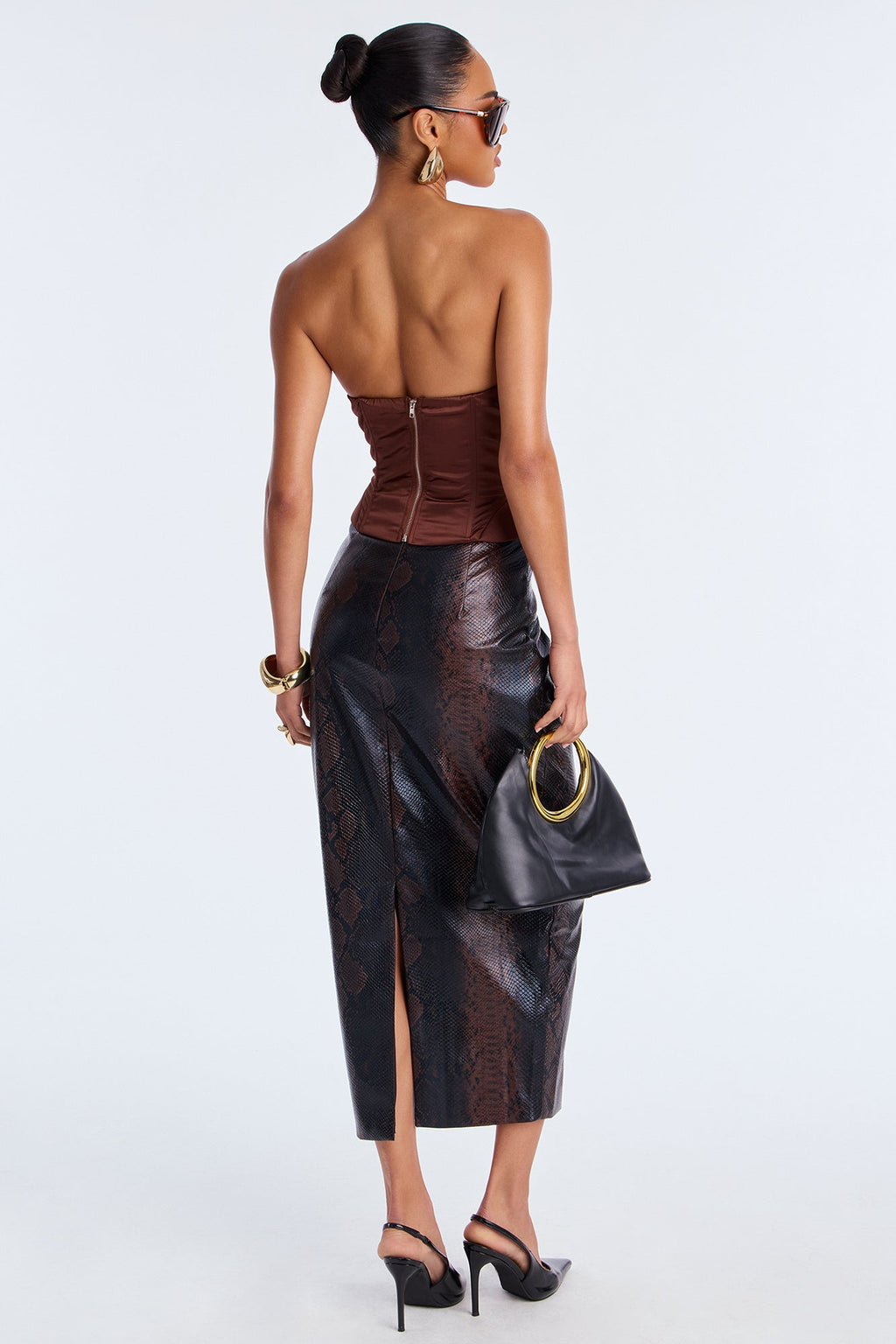 The Topic Of Discussion Snake Faux Leather Midi Skirt - Brown