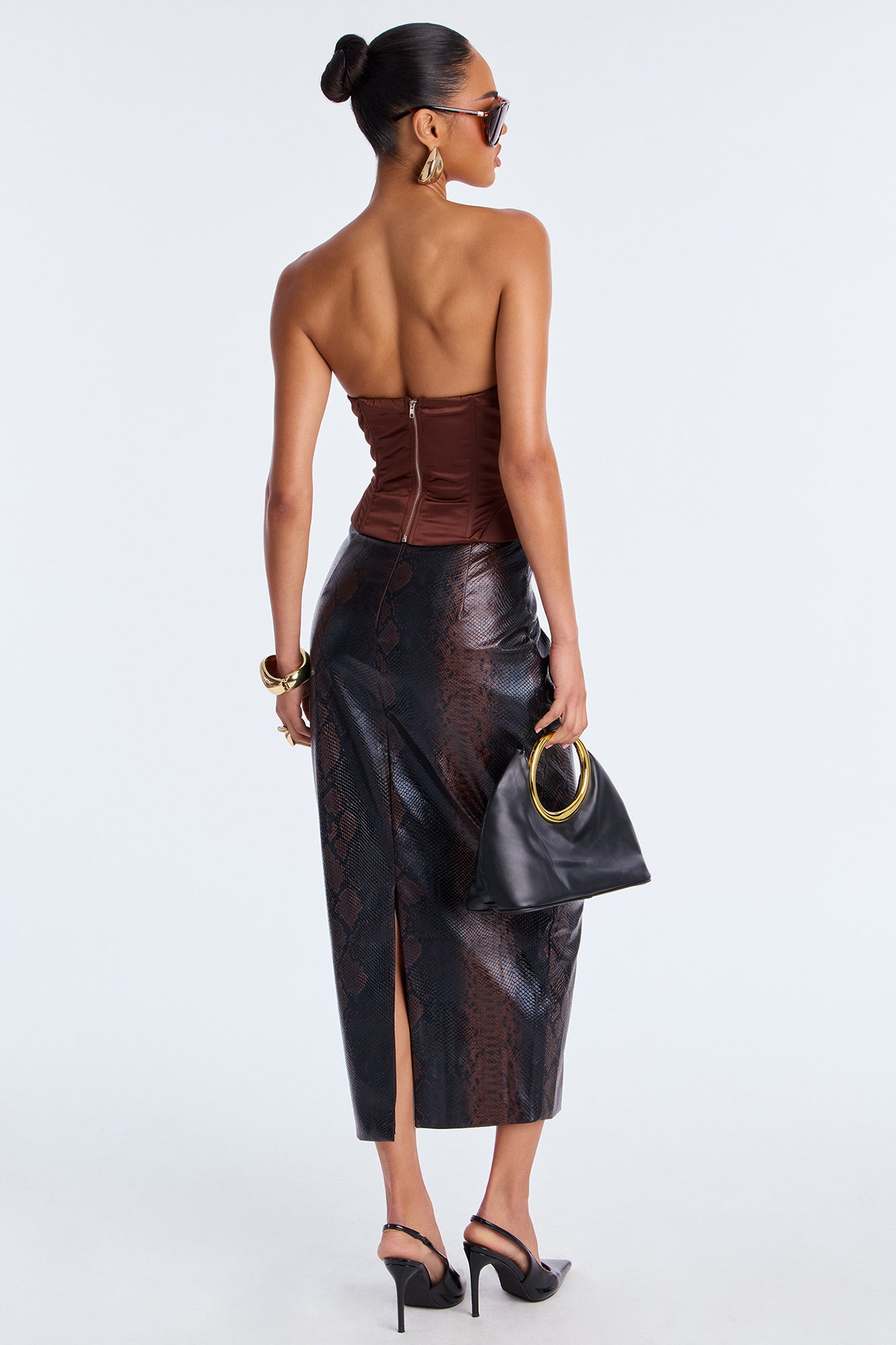 The Topic Of Discussion Snake Faux Leather Midi Skirt - Brown