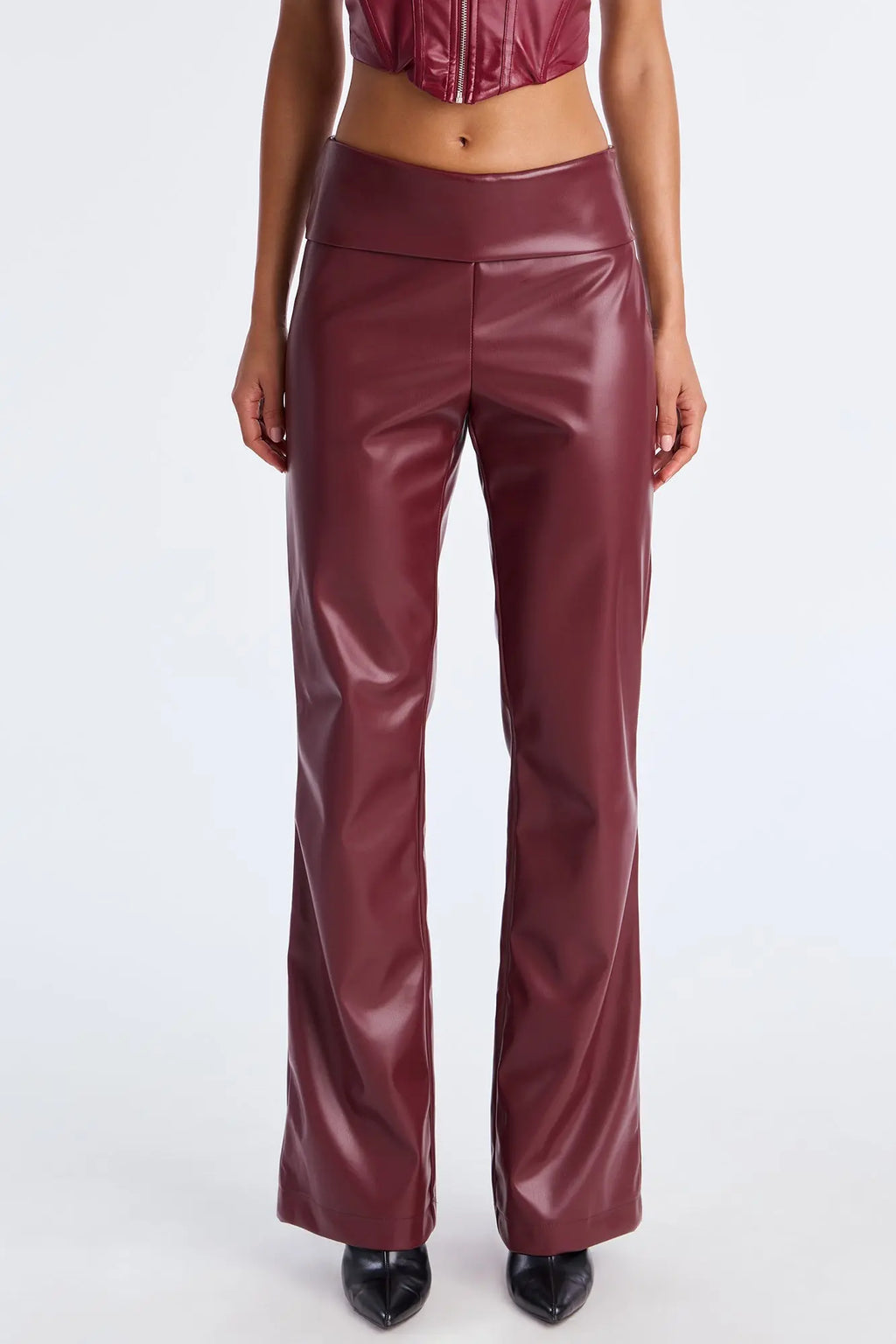 Roxi Foldover Faux Leather Wide Leg Pants - Burgundy 