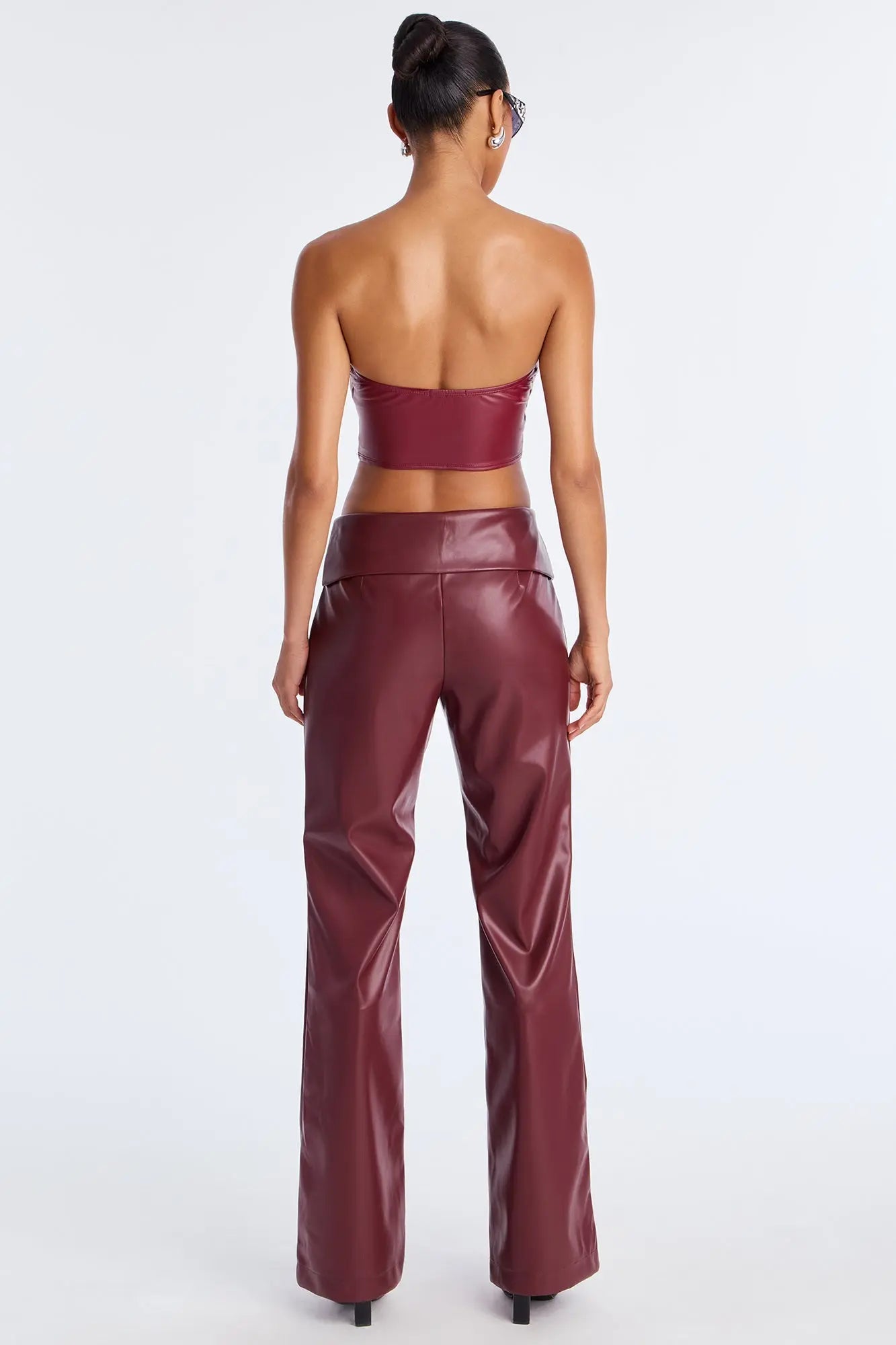 Roxi Foldover Faux Leather Wide Leg Pants - Burgundy 