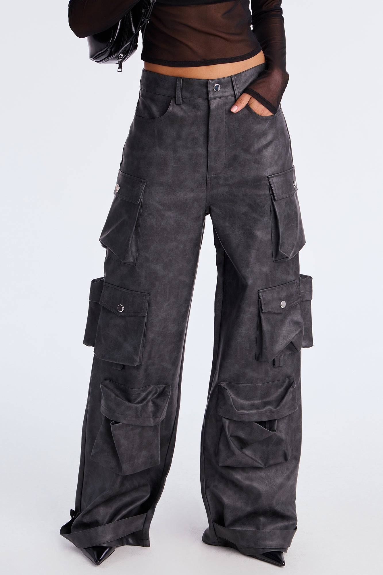 Weekend Warrior Washed Faux Leather Cargo Pant - Black Wash 