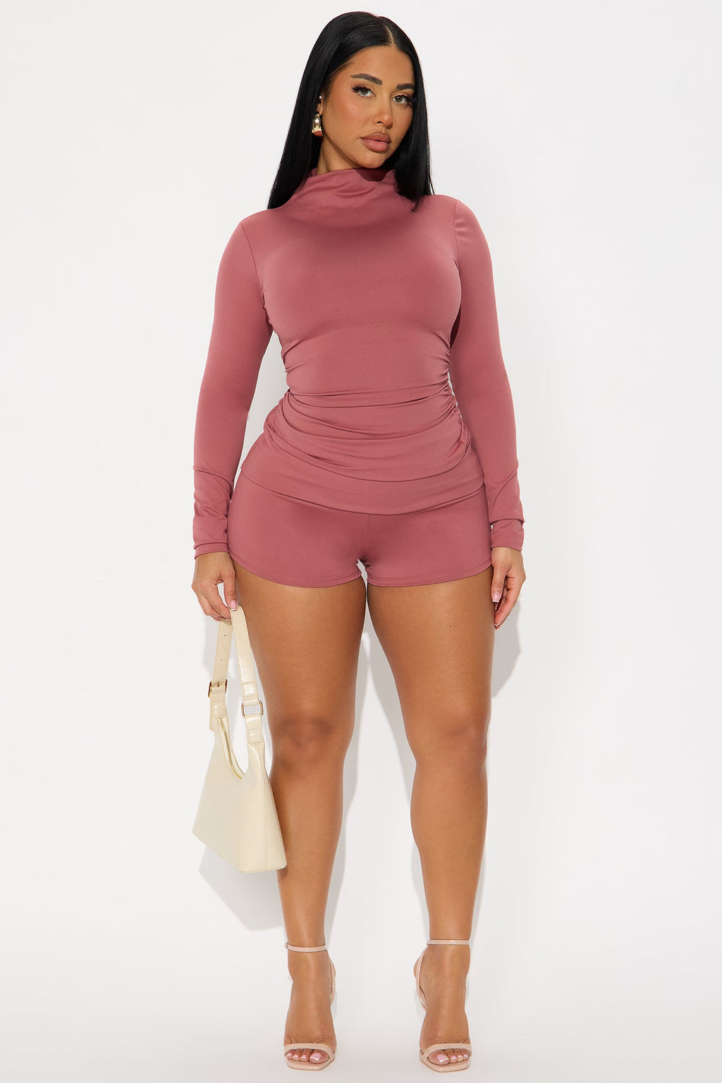 Tatiana Mock Neck Long Sleeve Micro Short Set - Mauve 