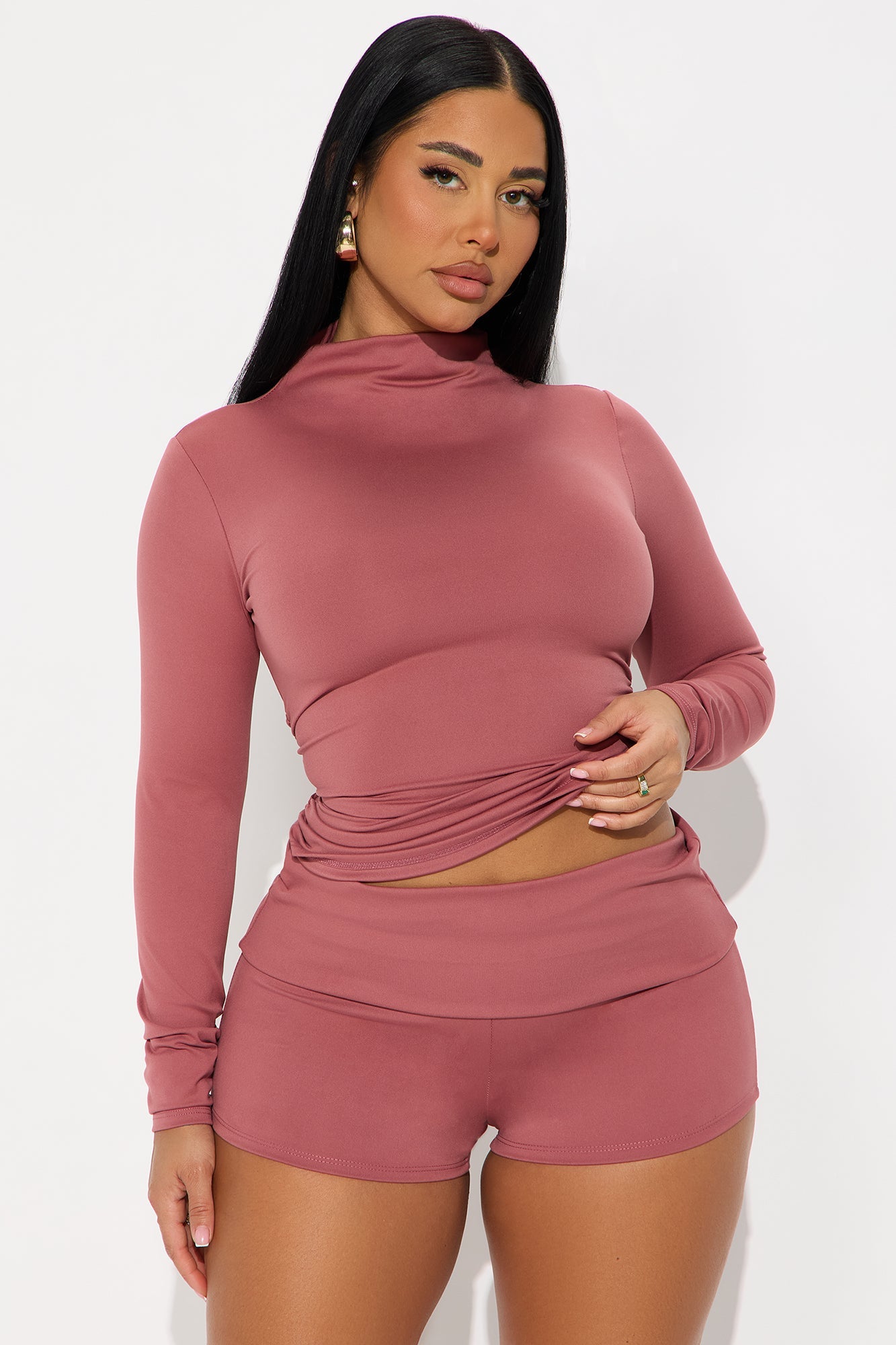 Tatiana Mock Neck Long Sleeve Micro Short Set - Mauve 