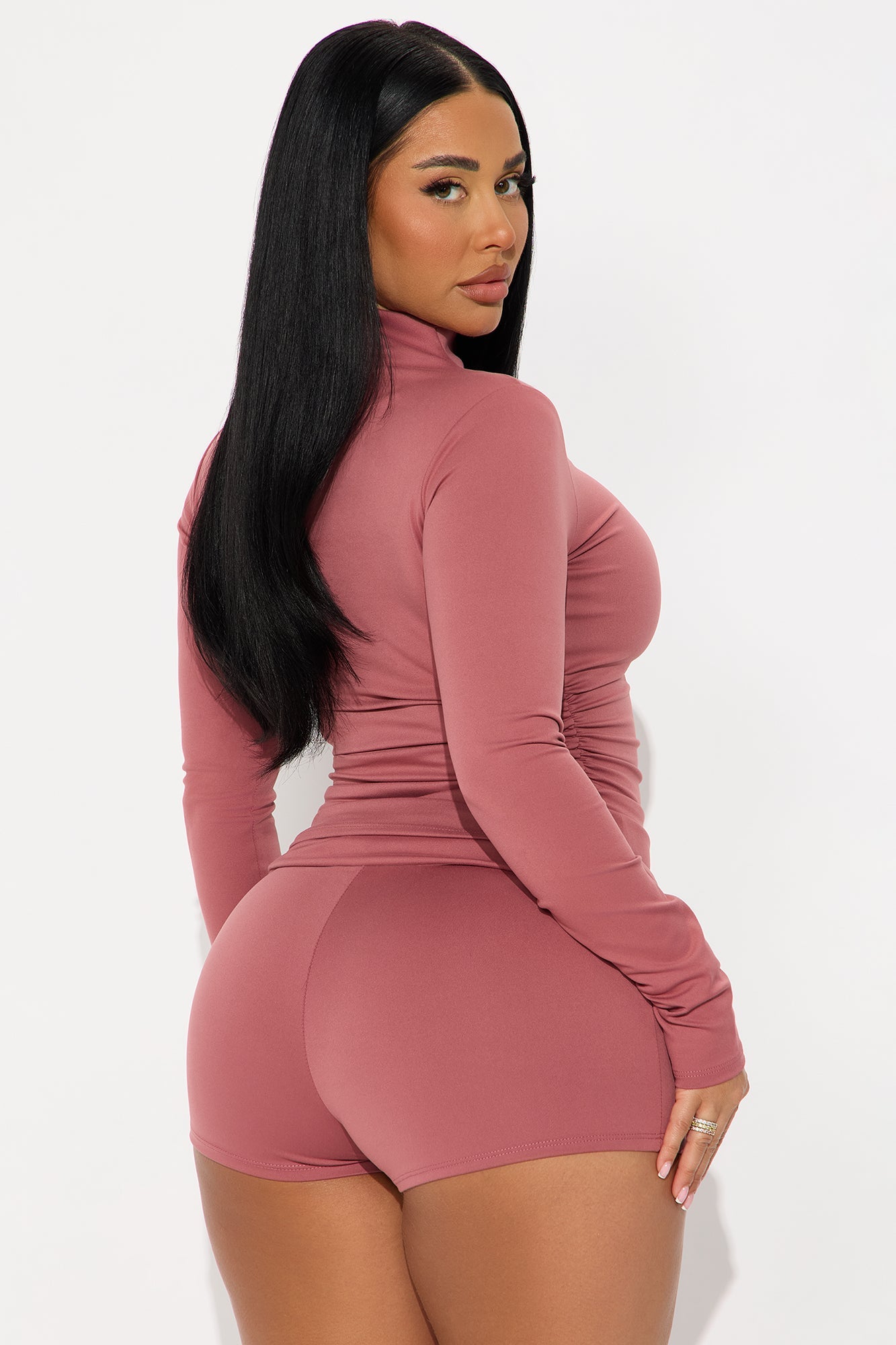 Tatiana Mock Neck Long Sleeve Micro Short Set - Mauve 