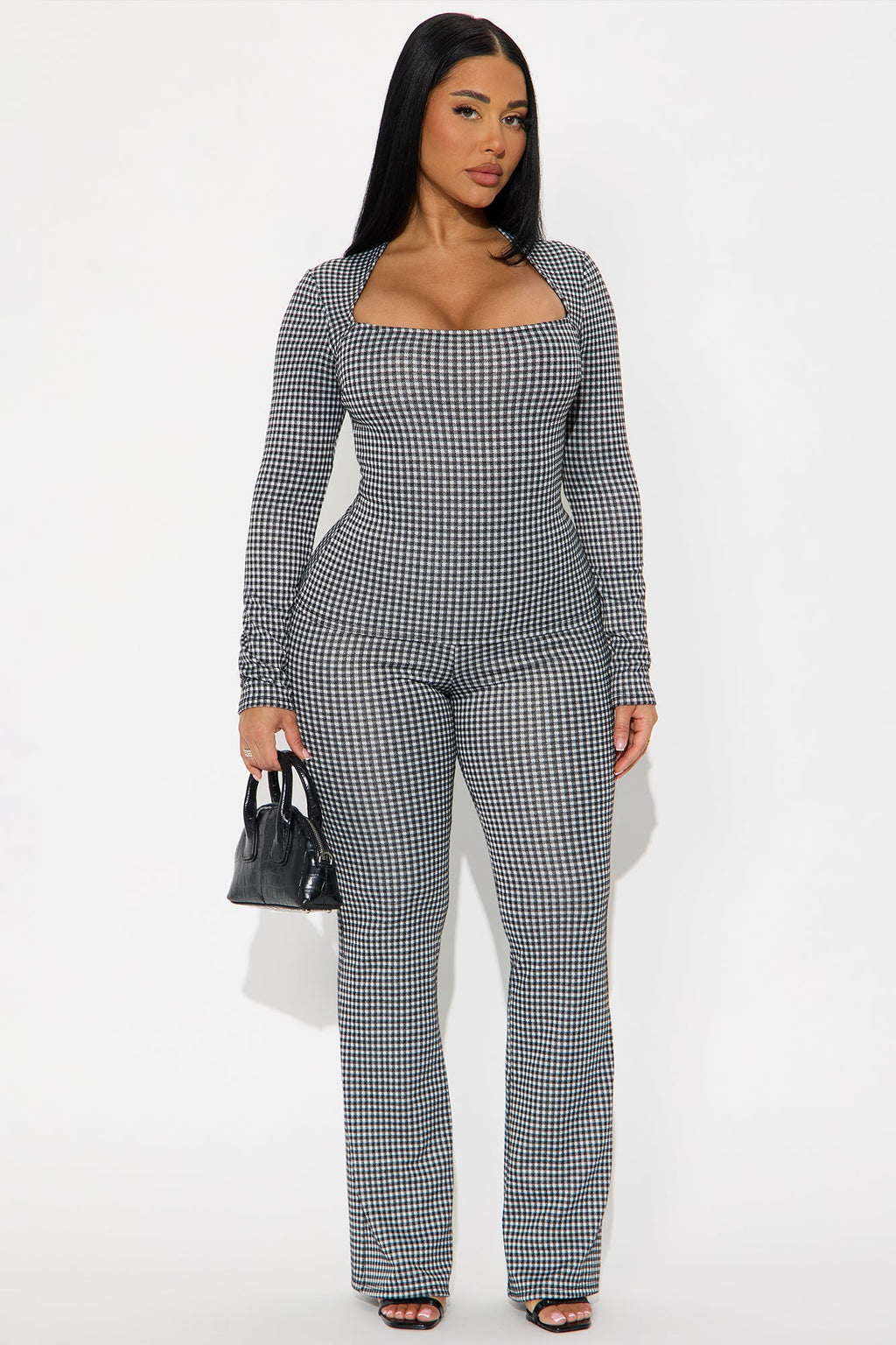 Lizo Square Neck Plaid Pant Set - Black/White