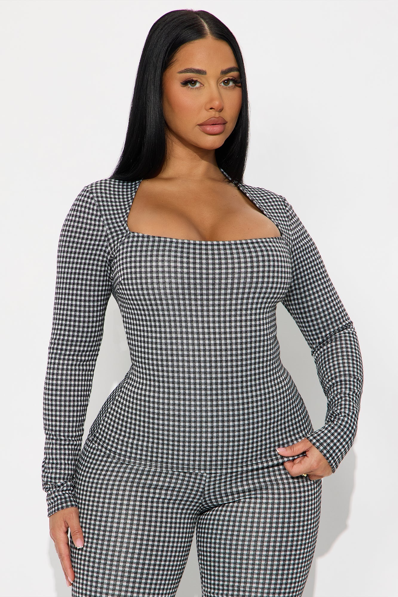Lizo Square Neck Plaid Pant Set - Black/White