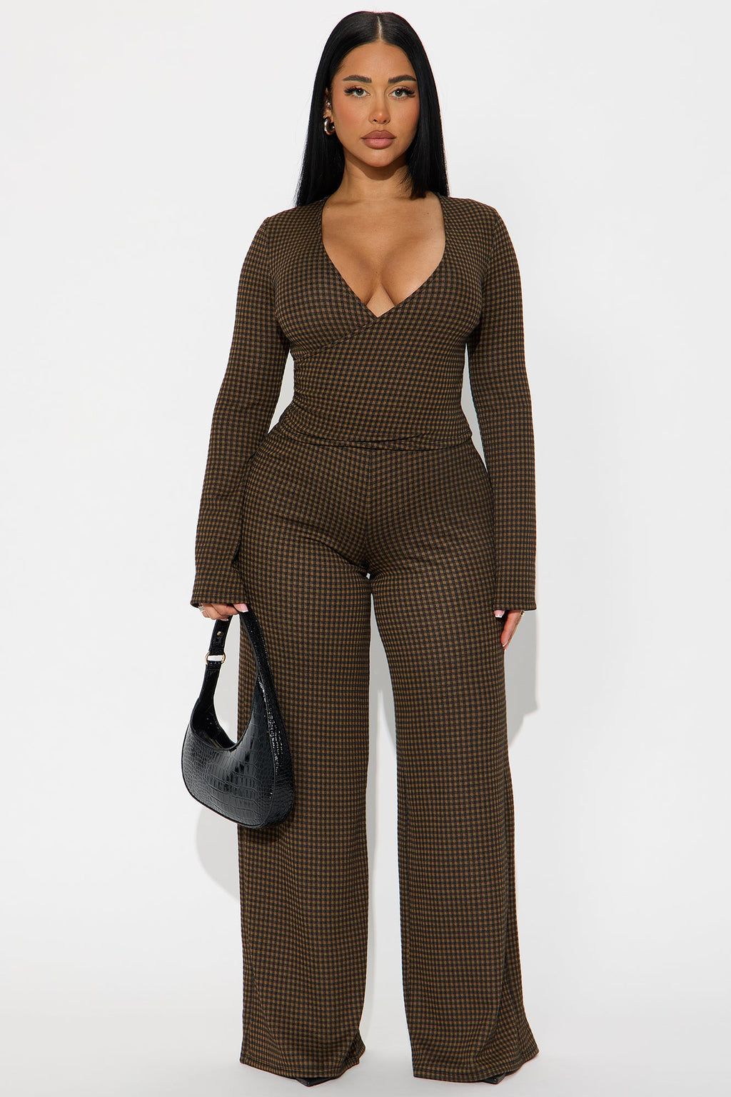 Ashton Surplice Plaid Pant Set - Brown Combo