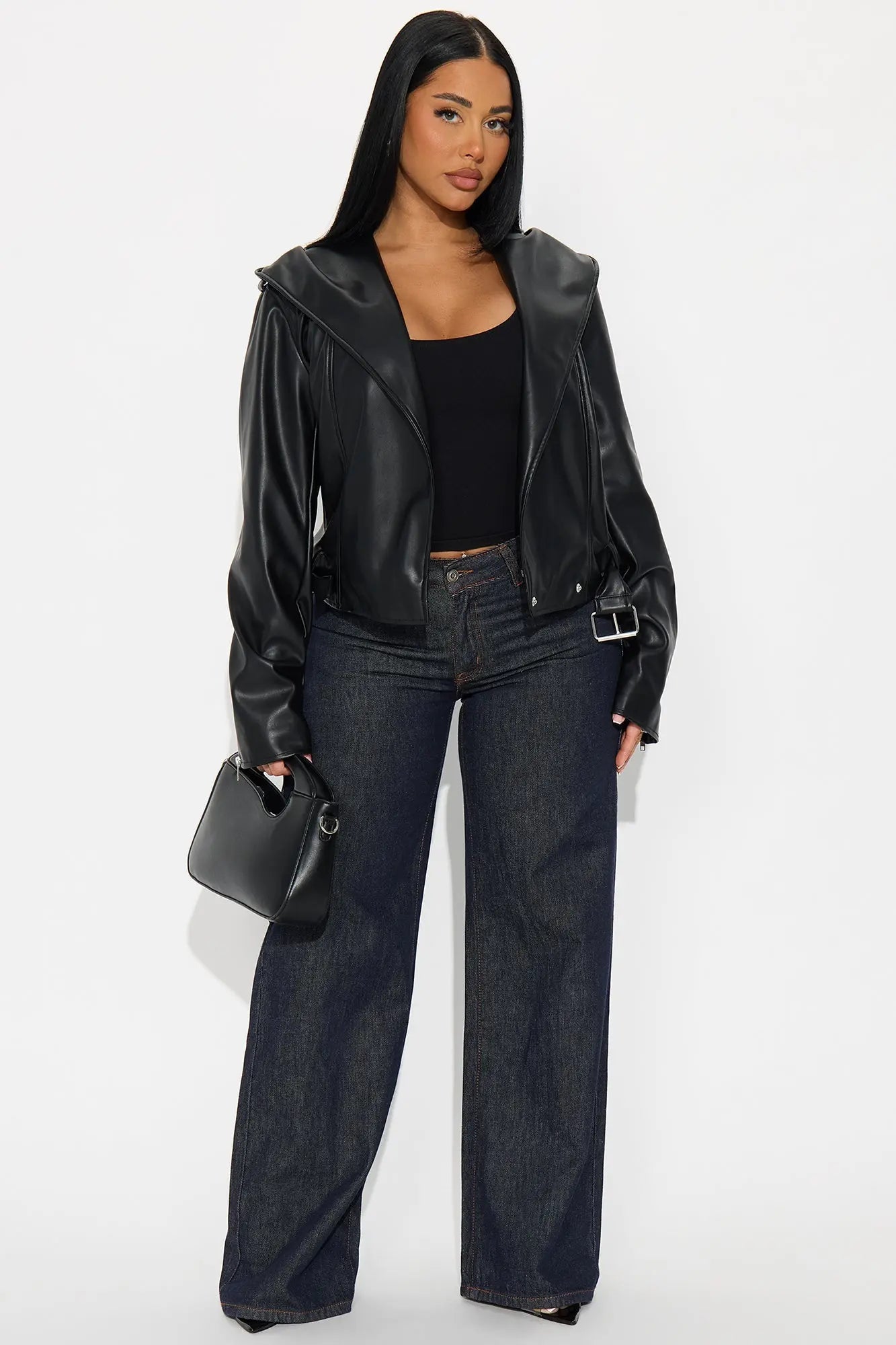 Rebel Hooded Faux Leather Moto Jacket - Black 