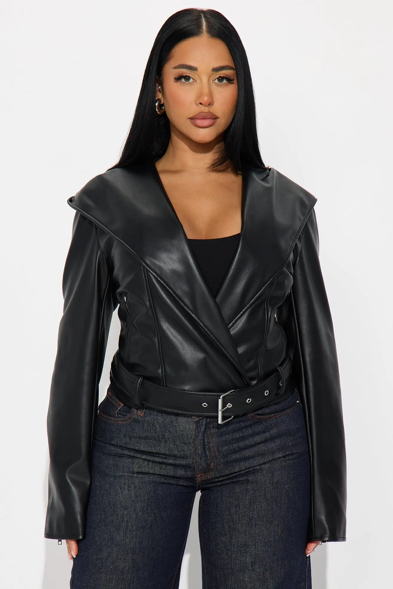 Rebel Hooded Faux Leather Moto Jacket - Black 
