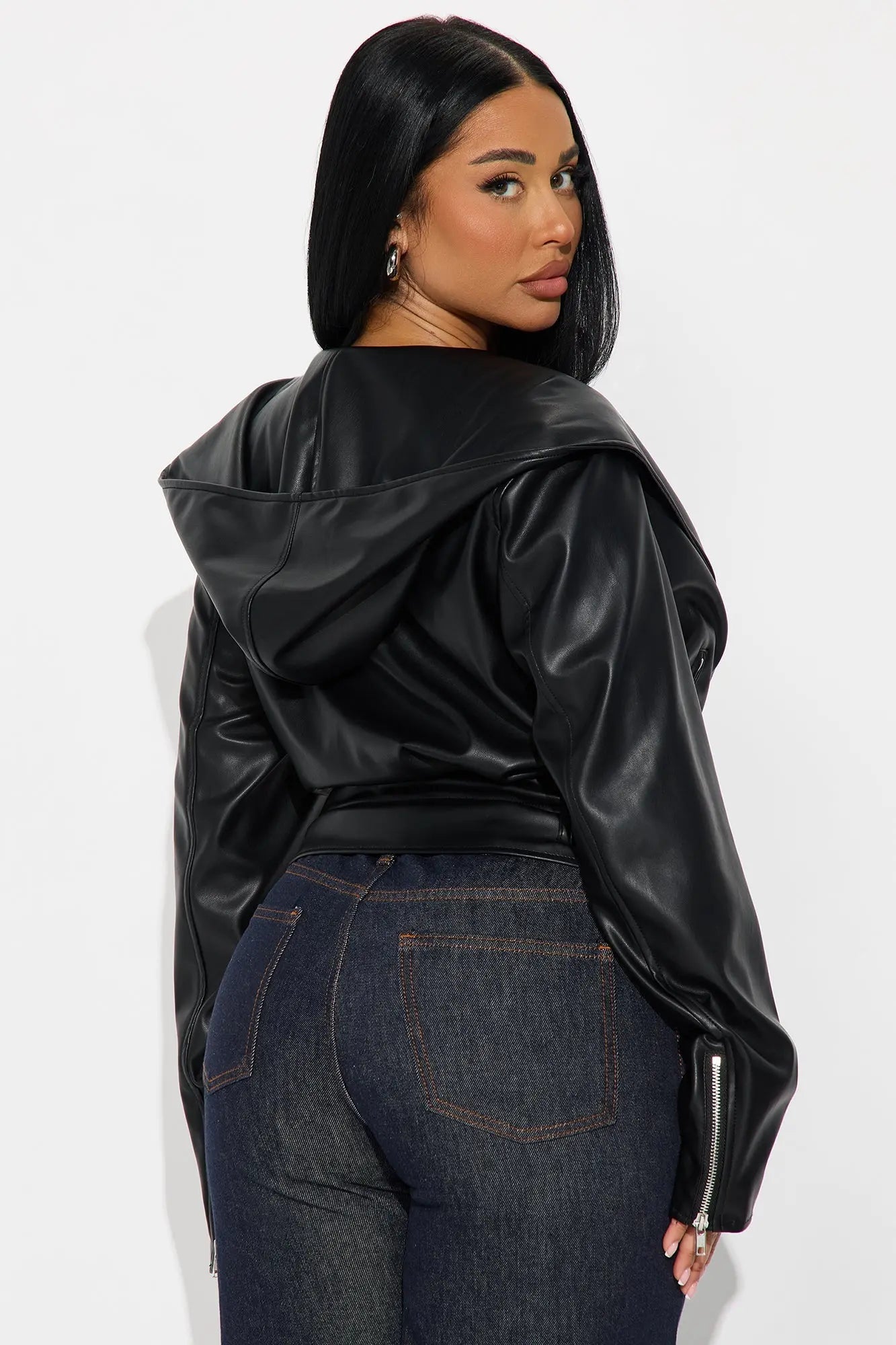Rebel Hooded Faux Leather Moto Jacket - Black 