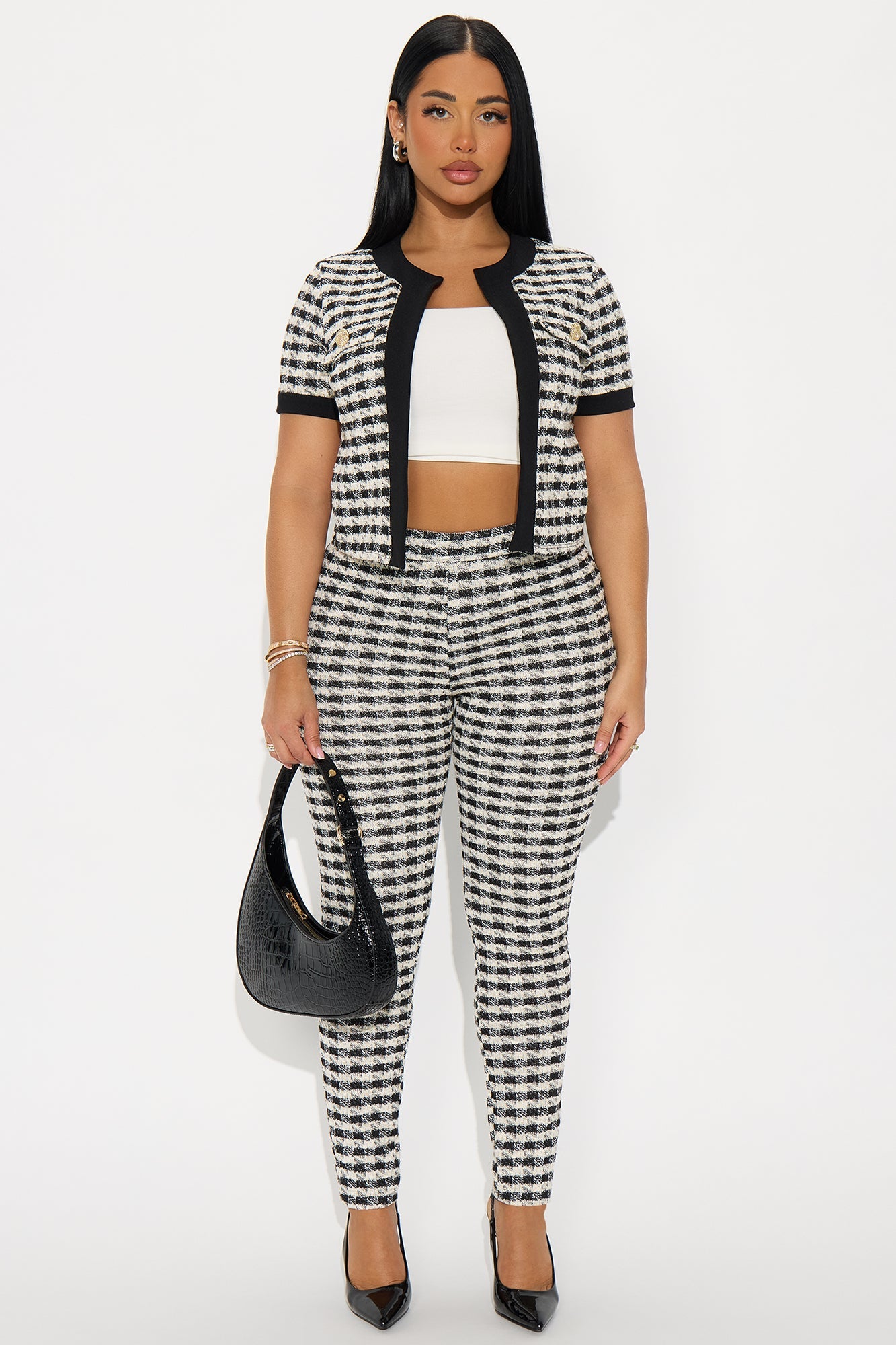 Delanie Short Sleeve Knit Tweed Pant Set - Black/White 
